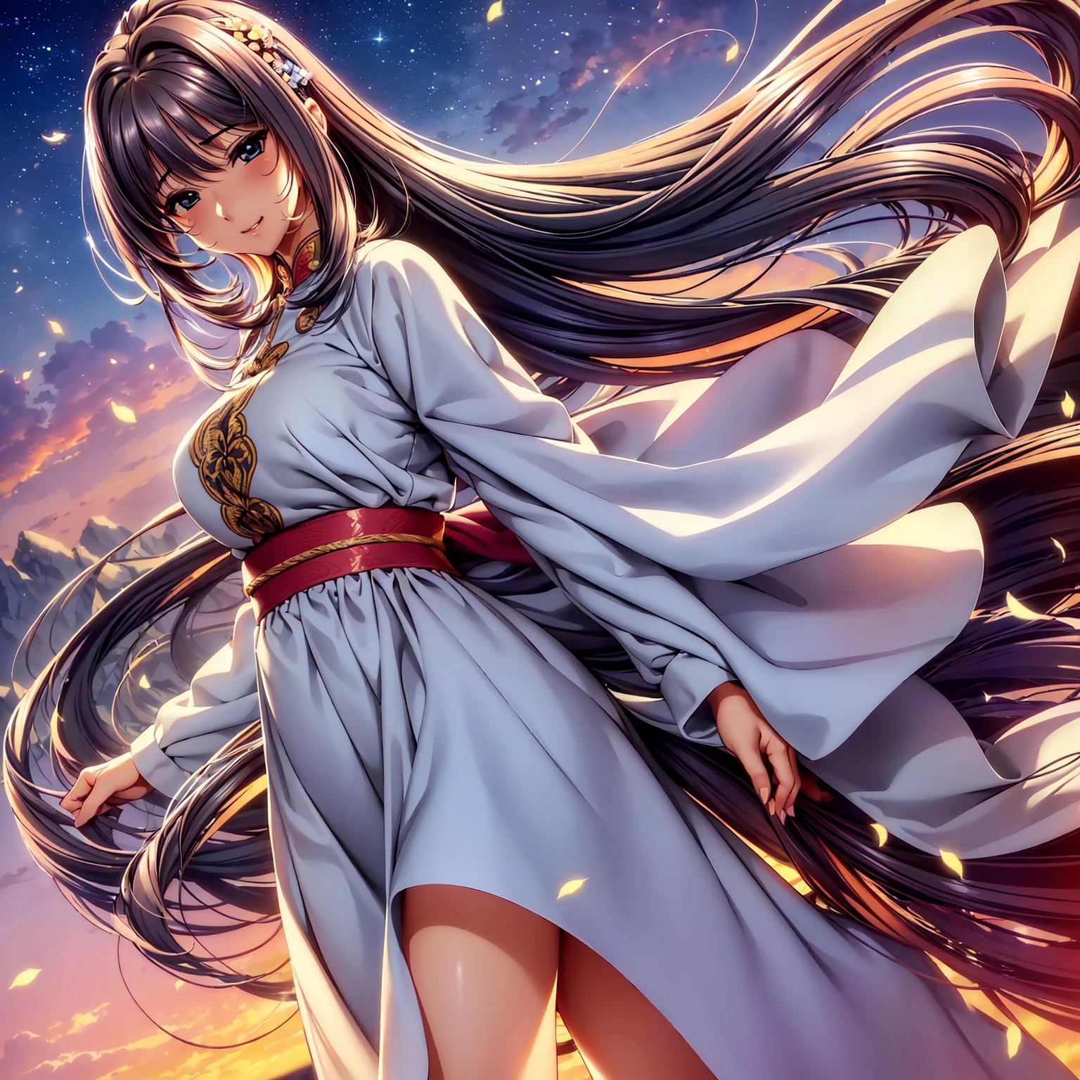 (top quality picture、masterpiece level、very high res、超A high resolution,High quality detailing)、(A 24-year-old beautiful girl with perfect and ultimate beauty.,beautiful breasts and figure,Beautiful body,美丽的面容,Strong-willed eyes:1.5)、(There are many variations of hairstyles,The bangs are neatly arranged,long straight hair on the sides,Beautiful hair:1.2),lifelike textures,Beautiful colors,(Wear beautiful colored clothes,brightly colored clothes,Wear clothes with beautiful colors and patterns,Wear clothes with beautiful colors and patterns:1.2),Have a bright smile,line of sight,Mouth opens,(The wind is blowing,Hair flutters under the influence of the wind:1.2),A woman is standing on the rooftop looking at the stars and the night sky,Beautiful Landscapes,(The whole body,accurate ???????、extremely detailed picture、Accurate images、Perfect Image 1.5)、beautiful anime woman, Beautiful Art Style, an animated character、(The whole picture、Detailed picture、Defect-free images、natural soft light、beautiful image),(Best Shot 1.2)