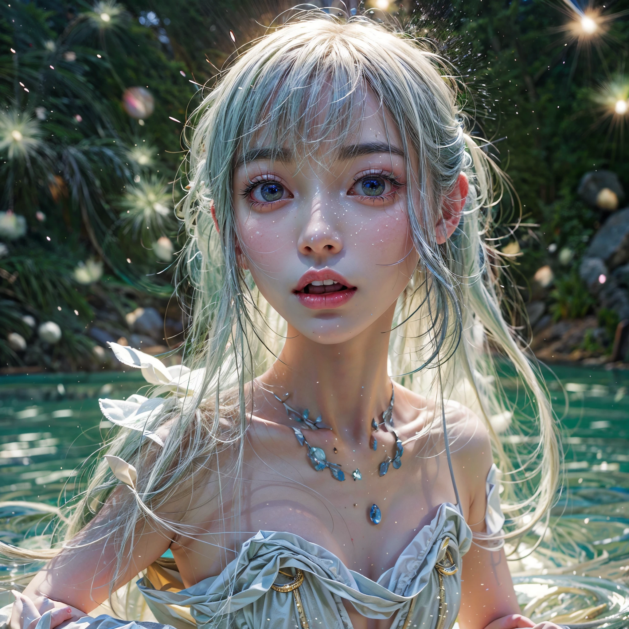 (8K, Original photography, Top image quality, masterpiece: 1.28), hyper HD, (Realistic, 真实感: 1.38), realisticlying, A high resolution, softlighting. Tiny Girls, girl jumping into the water、Falling、splash water、shout、Luminous water surface、White and Vivid colors, (under the mesmerizing back lighting), glistening ivory skin, sparkling highlights, Detailed KAWAII face with cute lips, long eyelashes, Delicate clothes, Detailed open crotch, (((Whole Body proportions and all limbs are anatomically accurate))) .