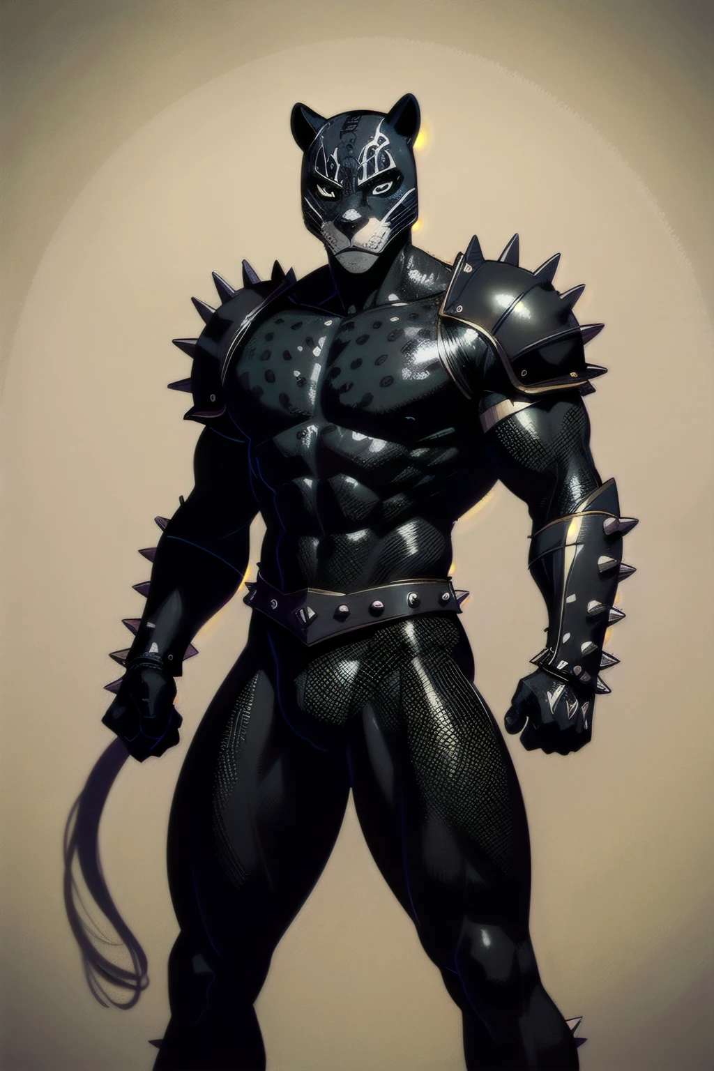 Mexican wrestler, spiky black armor, black jaguar mask, buff, muscular
