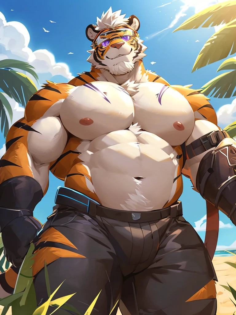 anthro ((tiger)), furry, tiger, golden fur, (white hair:1.5), beard, male, white eyebrows, violet eyes, masterpiece, (no stripes on face:1.5), ((Best quality)), character focus solo, handsome, middle-aged, mature, muscle body, sexy, dilf, full body, (low angle shot), (open legs) lying, 5 fingers, (obsidius (lah)), black tattoo on arm, tatoo on chest, beard, solo, naked, nude, (purple eyes), (Hefty), overweight, (big arms:1.3), (big pecs:1.3), (thick thighs:1.2), (smile), look at viewer, flower on grassland, summer seaside hills, highly detailed, anime style, cel shading, masterpiece,(best quality), (extreme detailed illustration), good anatomy, (detailed CG), (by canyne khai, by takemoto arashi), blue hoodie, sword man, short pants, visor glasses,