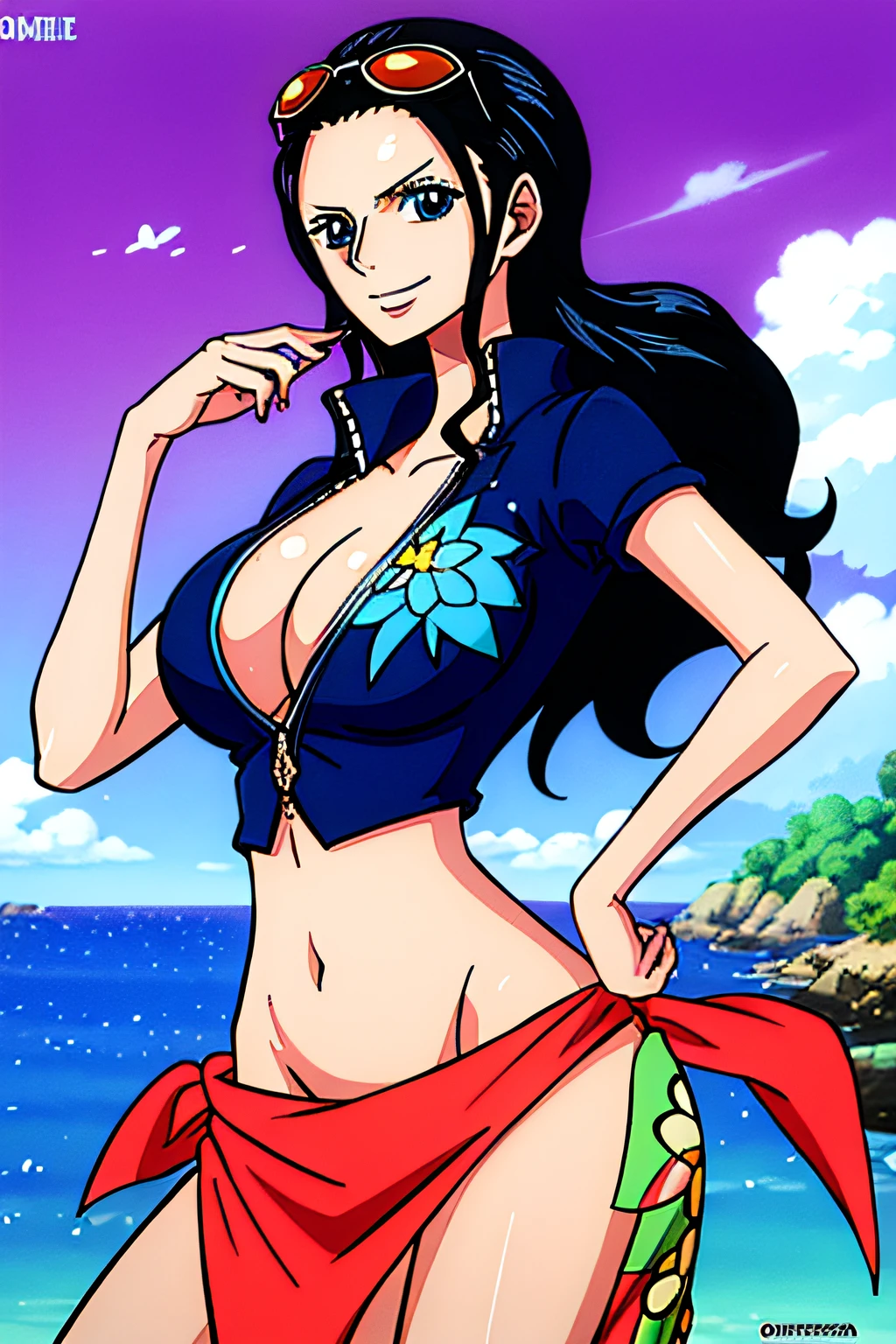 Nico Robin de One Piece, pelo negro de maruca, ojos azules, pupilas anchas y oscuras, sonriente, pechos grandes, oversized tits, Sunglass, wearing a long salmon-colored sarong skirt that has a green seaweed design with red and yellow flowers on the side, Chaleco de piel azul marino de manga corta con cremallera y escote en pico, de pie en el bosque,