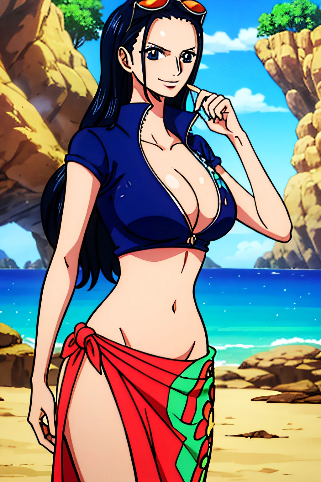 Nico Robin de One Piece, pelo negro de maruca, ojos azules, pupilas anchas y oscuras, sonriente, pechos grandes, oversized tits, Sunglass, wearing a long salmon-colored sarong skirt that has a green seaweed design with red and yellow flowers on the side, Chaleco de piel azul marino de manga corta con cremallera y escote en pico, de pie en el bosque,