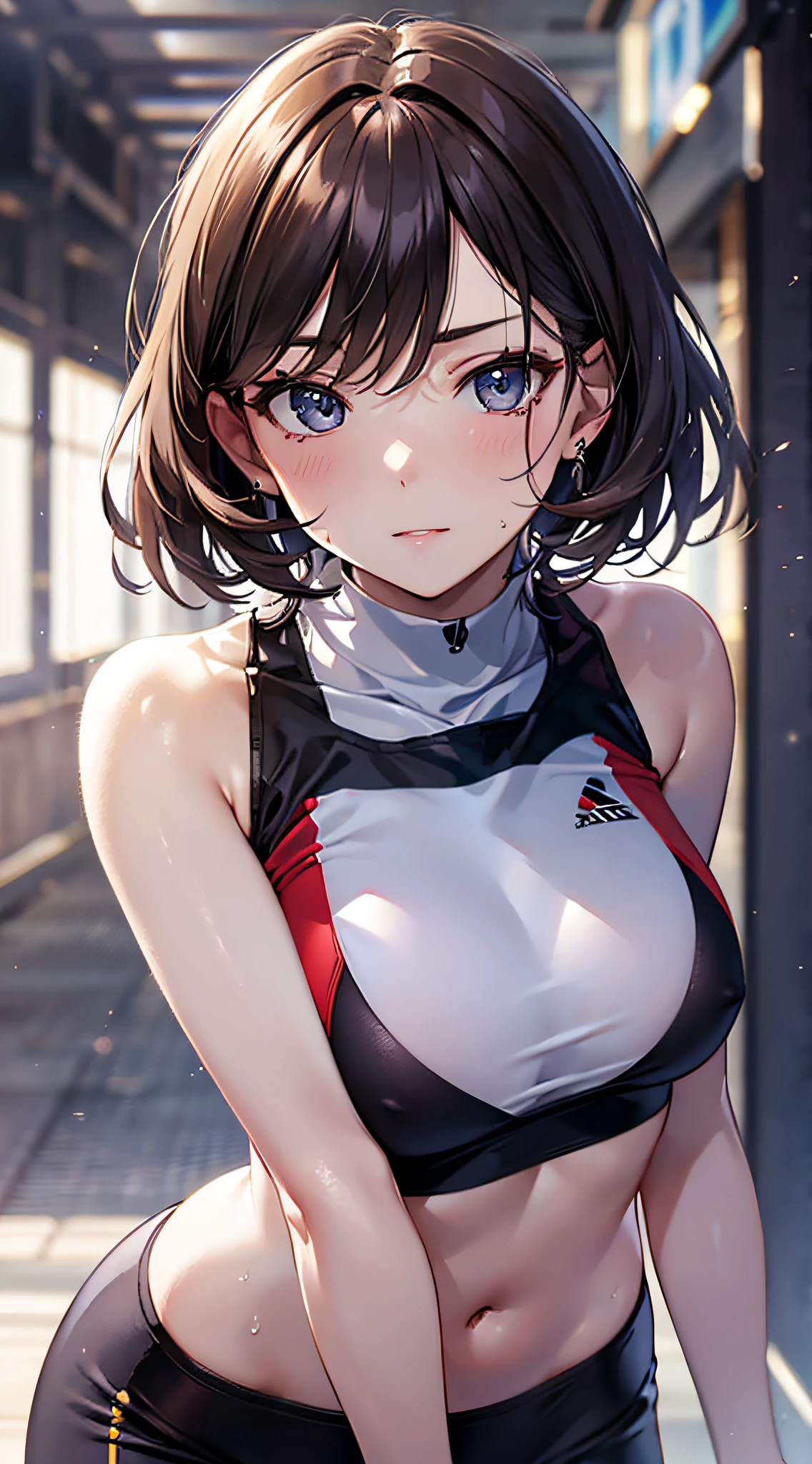 (Masterpiece: 1.3), (8K, Photorealistic, RAW Photography, Best Quality: 1.4), Japan High School Girls, (Random Hairstyle: 1.2), Micro Bikini: 1.2, Ultra Detail Face, Eyes of Detail, Double Eyelids, Leaning Forward to Breasts, Sharp Focus: 1.2, Cute Woman: 1.4, Light Brown Hair, Best Quality, Masterpiece, Ultra High Resolution, (Photorealistic:1.4), very detailed and professional lighting smile, playground background, athletic athlete doing stretching, tight white crop top, light blue racing shorts, shiny sweat, baby face, slender, serious expression, short hair, strong thighs, slender eyes, tight thin waist