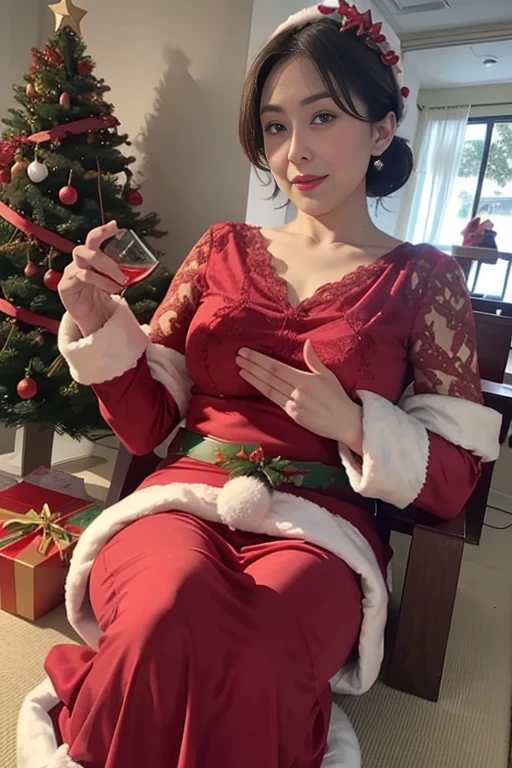 4K image quality、Raw photography、top-quality、masterpiece、ultra-detailliert、The most beautiful woman in her 50s in Japan、Ultra transparent and beautiful skin、Obscene large、Body shape like a gravure idol、Bell-shaped chest of drawers、slightly drooping chest、hyperdetailed face、Cinematic Perfect Lighting、Christmas、Christmas tree、(((Santa Claus Costume)))、Very short short-cut hair、Beautiful breasts、Obscene armpits、Pheromones wafting from the armpits