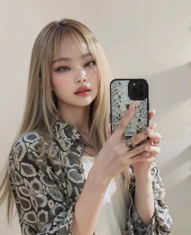 Mulher loira tirando uma selfie com seu telefone em um banheiro, Lalisa Manobal, longos cabelos brancos e franja, Lalisa Manoban do Blackpink, com cabelos longos brancos, Ulzzang, com longos cabelos brancos, cabelo comprido com franja completa, cabelos longos com franja, Parque Roseanne do Blackpink, com longos cabelos loiros, Retrato de Jossi de Blackpink