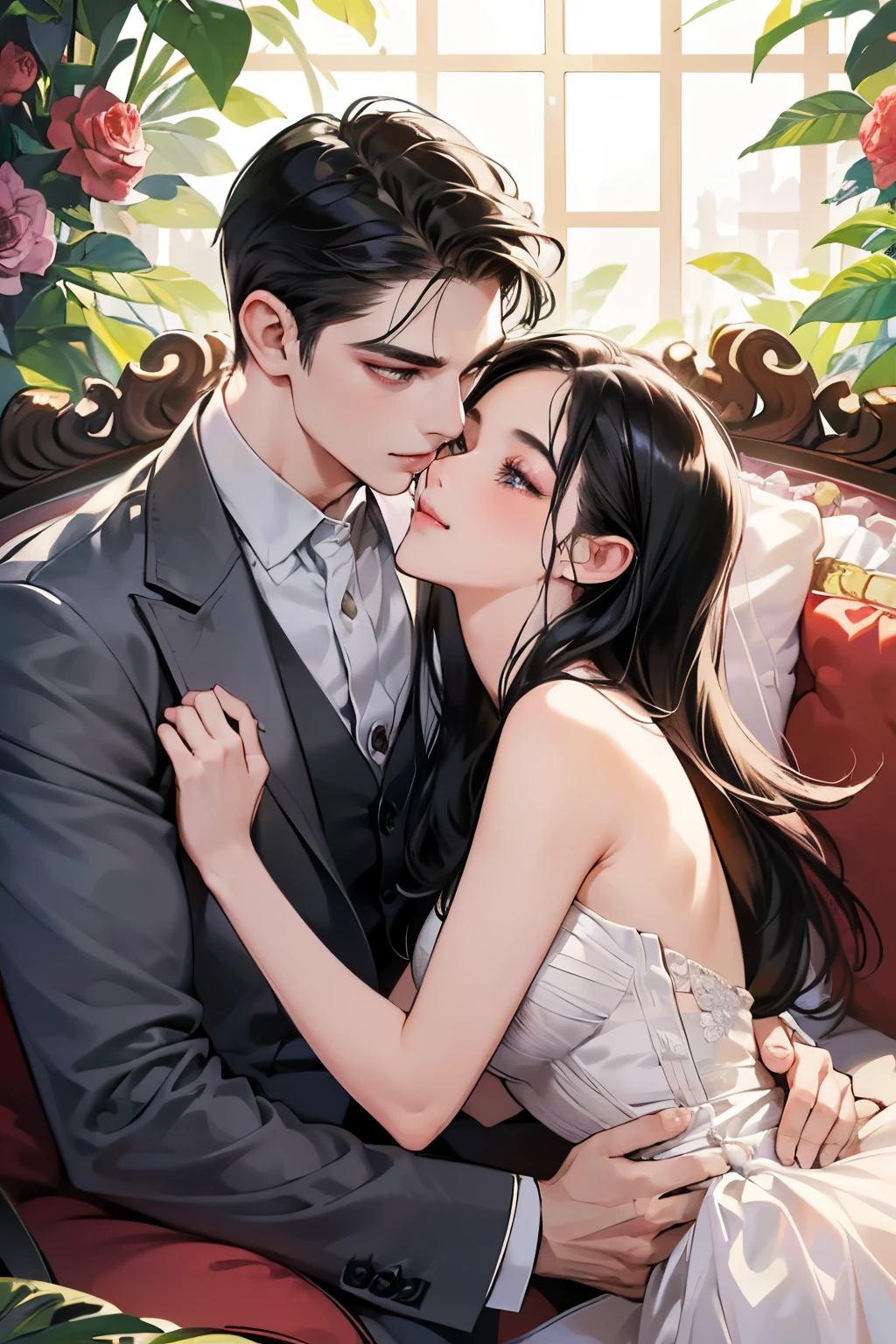 (masutepiece, Digital Art, Digital Illustration, 4K, 8K, Ultra-detailed, beautiful image, Sharp Image, Photorealistic, Raw photo, Perfect face, Perfect lines, Perfect eyes, Soft lighting) ,1 woman, (Long Black Hair,straight haired,Bullish gaze,Beautie,ellegance,Solid makeup,23 y-o woman,small tits:1.3),Two handsome men in suits, (ember,well-muscled,Firm shoulder width, Man's,Boyish hairstyle,English gentlemanly style,Man in his 30s with a cool expression,28-year-old man with bright smile:1.2),Show white teeth and smile(embarrassed from,Shy smile:1.1),A garden full of light、The fountain、Resort Sofa、colorful flower、innocent smiles,Laugh、couple kissing、kiss、the kiss、Romance、Mermaid line wedding dress rose bouquet、