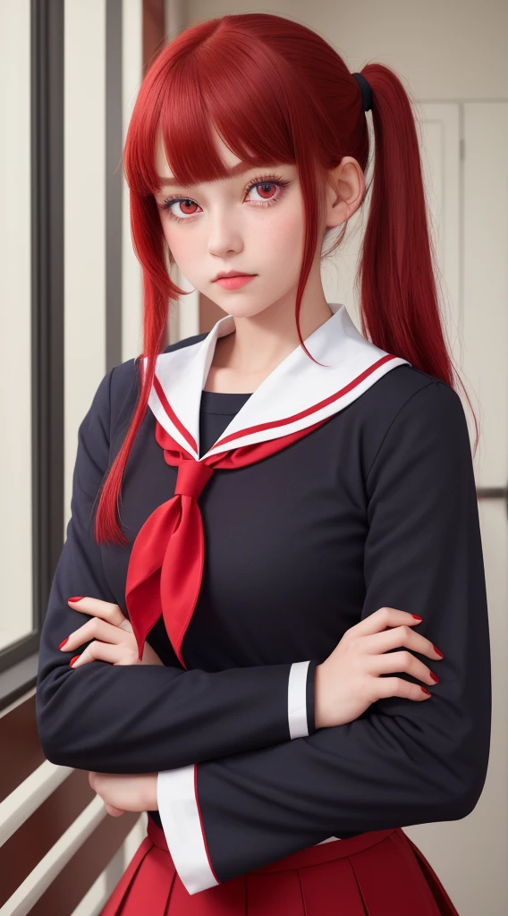 best quality, masterpiece, highres, solo, {ruby_oshinoko:1.15}, red hair, bangs, long_hair, blush, closed_mouth, , red eyes, 1girl, holding, indoors, multicolored_hair, sailor_collar, school_uniform, serafuku, side_ponytail, sidelocks, +_+, long_sleeves, neckerchief, red_neckerchief, sparkling_eyes, upper_body, white_sailor_collar, looking_at_viewer, red_eyes