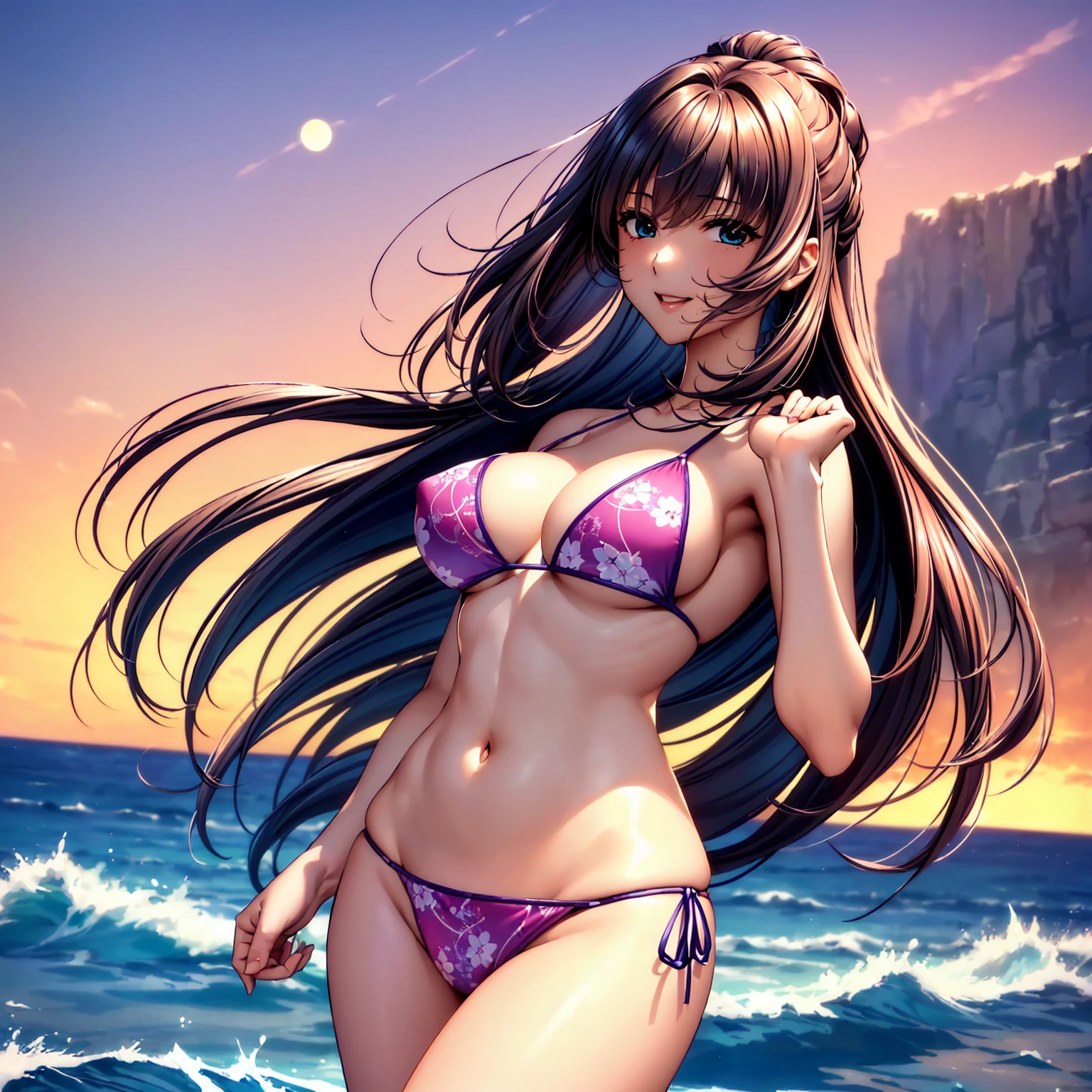 (top quality picture、masterpiece level、very high res、超A high resolution,High quality detailing)、(A 24-year-old beautiful girl with perfect and ultimate beauty..,beautiful breasts and figure,Beautiful body,美丽的面容,Strong-willed eyes:1.5)、(There are many variations of hairstyles,Bangs are neatly arranged,long straight hair on the side,Beautiful hair:1.2),lifelike textures,Beautiful colors,(Wearing a beautiful colored bikini swimsuit,Brightly colored bikini swimsuit,Wear a bikini swimsuit with beautiful colors and patterns,Wear bikini swimsuits with beautiful colors and patterns:1.2),Have a bright smile,line of sight,Mouth opens,(The wind is blowing,Hair flutters under the influence of the wind:1.2),fantastic night sky and moon,Outdoor pool,Night Pool,(The whole body,accurate anatomy、extremely detailed picture、Accurate images、Perfect Image 1.5)、beautiful anime woman, Beautiful Art Style, an animated character、(The whole picture、Detailed picture、Defect-free images、natural soft light、beautiful image),(Best Shot 1.2)