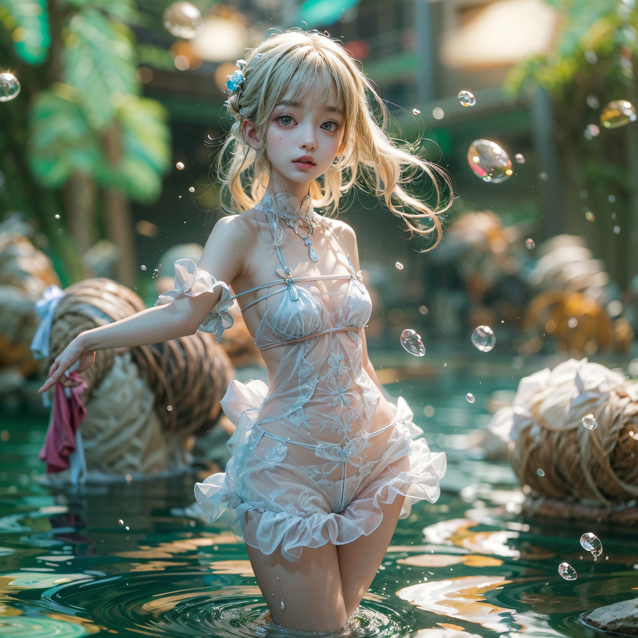 (8K, Original photography, Top image quality, masterpiece: 1.4), hyper HD, (Realistic, 真实感: 1.48), realisticlying, A high resolution, softlighting. Tiny Girls, girl jumping into the water、Falling、splash water、shout、Luminous water surface、White and Vivid colors, under the mesmerizing back lighting, glistening ivory skin, sparkling highlights, Detailed KAWAII face with cute lips, long eyelashes, Delicate clothes, Detailed open crotch, (((Whole Body proportions and all limbs are anatomically accurate))) .