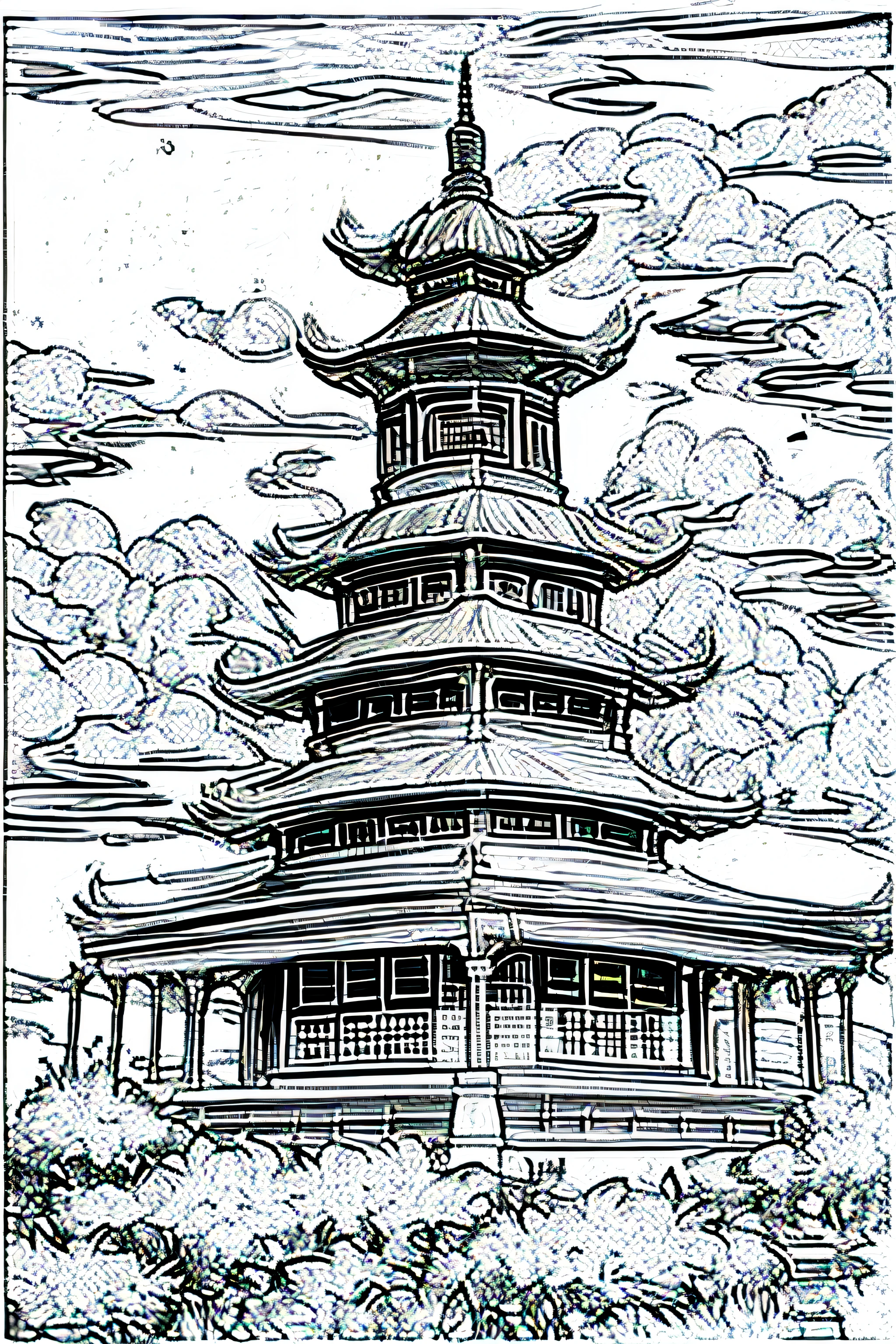 ancient buildings of China, black line art ink, Outline only, Great for coloring book pages, Landscape painting style