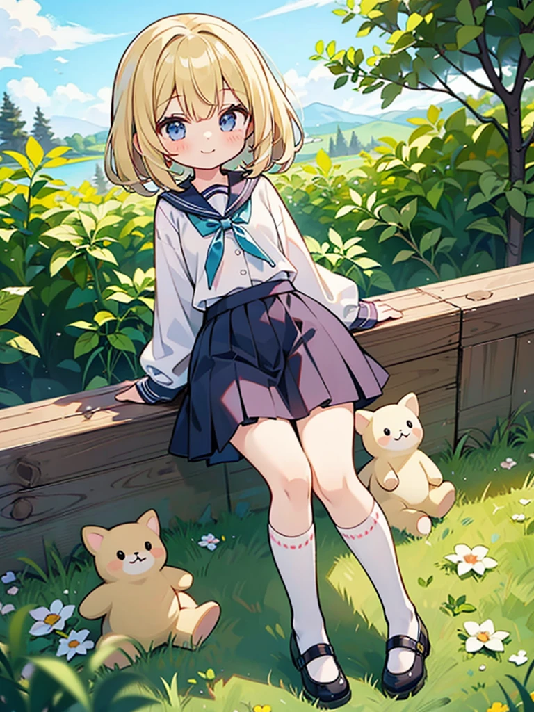 girl, ((li)), medium hair, ((small breasts)), skirt, blonde hair, kawaii, white kneehighs, light smile, looking at viewer, uwabakitting), Full body