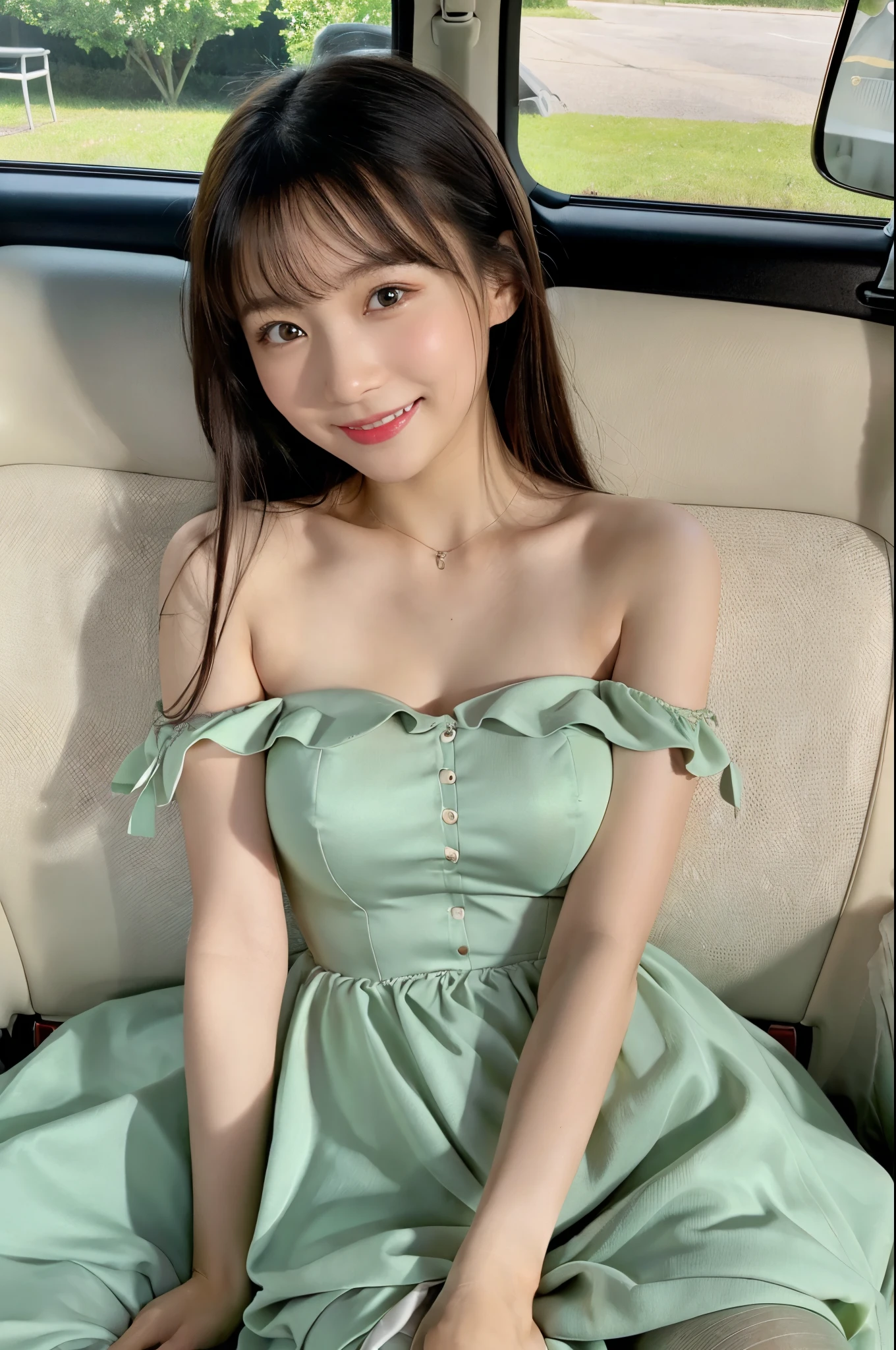 ulzzang -6500-v1.1, (Raw photo:1.2), (Photorealsitic), a beautiful detailed girl, (Real:1.4), extremely detailed eye and face, ((wear a puff_Dress, 1 shoulder_Dress:1.3, super realistic pantyhose:1.2))、((Car Seats:1.2)), Looking out the window、selfee, Instagram、game_nffsw, huge filesize, hight resolution, ighly detailed, top-quality, [​masterpiece:1.6], illustratio, ighly detailed, nffsw, finely detail, top-quality, 8k wallpaper, Cinematographic lighting, 1girl in, , perfect body type, cute droopy eyes beautiful big eyes、Pieckfinger, ((masutepiece)), Best Quality, eye shadow,  Portrait, ((FULL BODYSHOT:1.4))、(Very affectionate smile:1.2)、realistic skin textures、shinny skin、Exposed thighs!!!