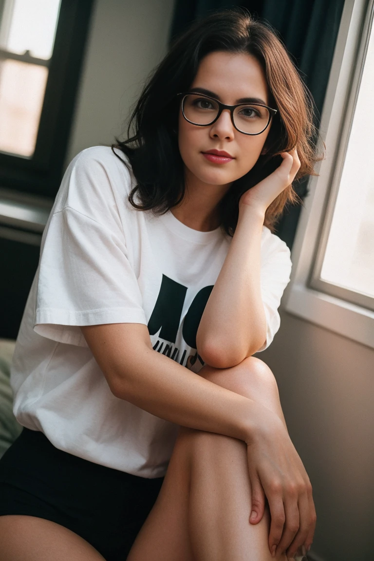 Masterpiece, Annika, a cute nerdy 30 year old woman, glasses, messy hair, ultra short dark hair, square jawline, awkward, legs, oversize tshirt, no panties, HD, (detailed skin texture:1.1), best quality, ultra high res, (photorealistic: 1.4), Raw photo, by Ellen von Unwerth, D850 Film Stock Photography, F1.6 Lens, Rich Colors, Realistic, Cinestill 800, backlight, rimlighting, sunlight, close-up, looking at the viewer