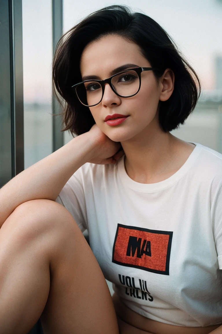 Masterpiece, Annika, a cute nerdy 30 year old woman, glasses, messy hair, ultra short dark hair, square jawline, awkward, legs, oversize tshirt, no panties, HD, (detailed skin texture:1.1), best quality, ultra high res, (photorealistic: 1.4), Raw photo, by Ellen von Unwerth, D850 Film Stock Photography, F1.6 Lens, Rich Colors, Realistic, Cinestill 800, backlight, rimlighting, sunlight, close-up, looking at the viewer