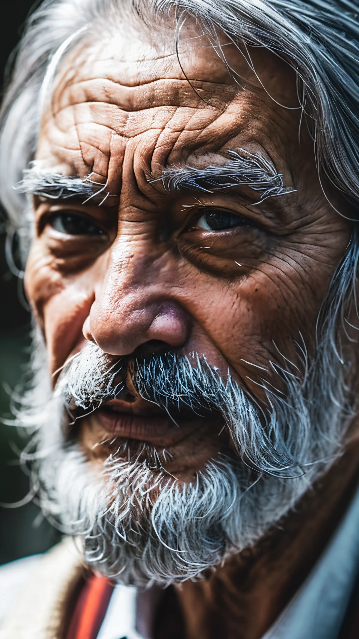 extreme closeup shot of an old man with long gray hair focused expression looking at the camera