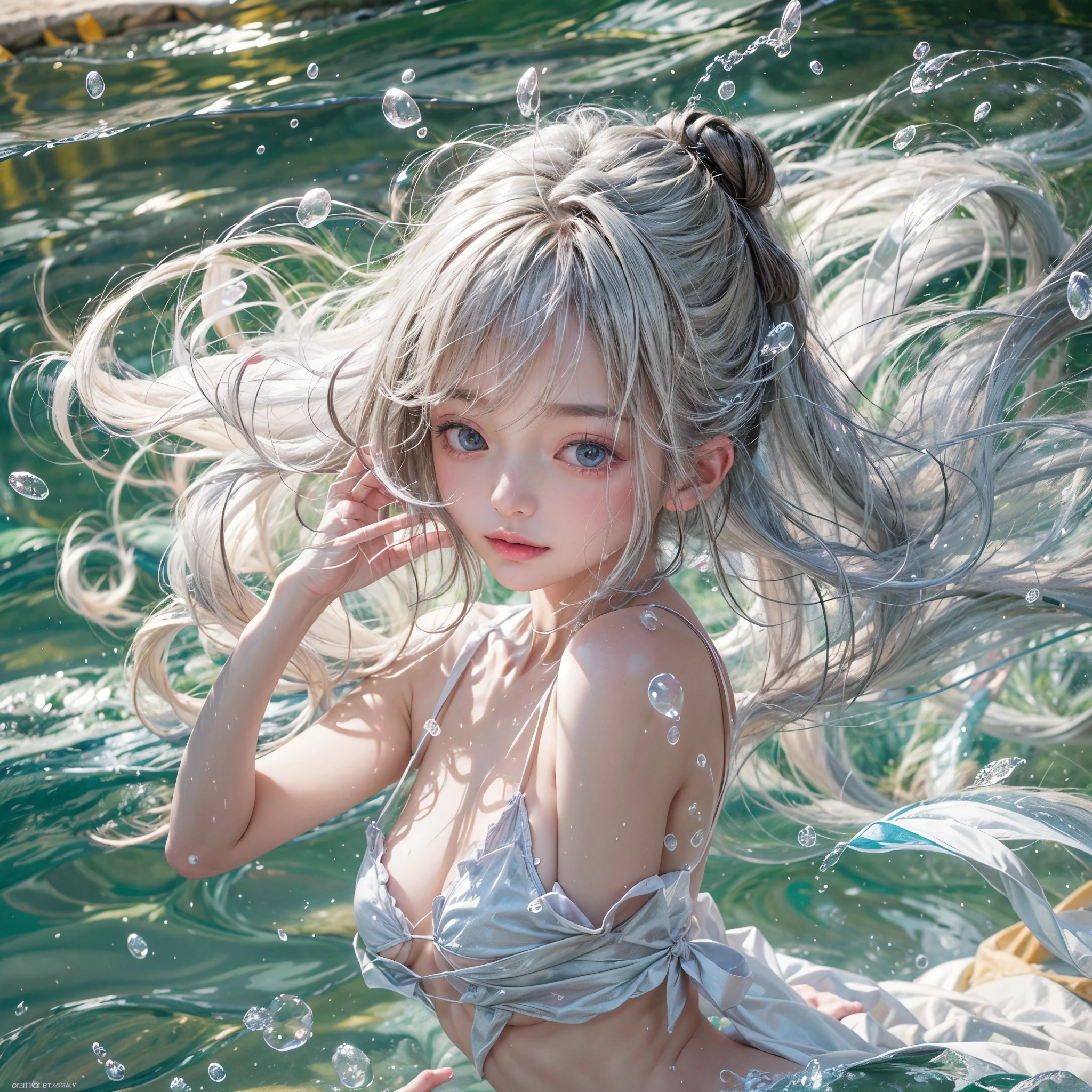 (8K, Original photography, Top image quality, masterpiece: 1.4), hyper HD, (Realistic, 真实感: 1.48), realisticlying, A high resolution, softlighting. Tiny Girls, girl jumping into the water、Falling、splash water、shout、Luminous water surface、White and Vivid colors, under the mesmerizing back lighting, glistening ivory skin, sparkling highlights, Detailed KAWAII face with cute lips, long eyelashes, Delicate clothes, Detailed open crotch, (((Whole Body proportions and all limbs are anatomically accurate))) .