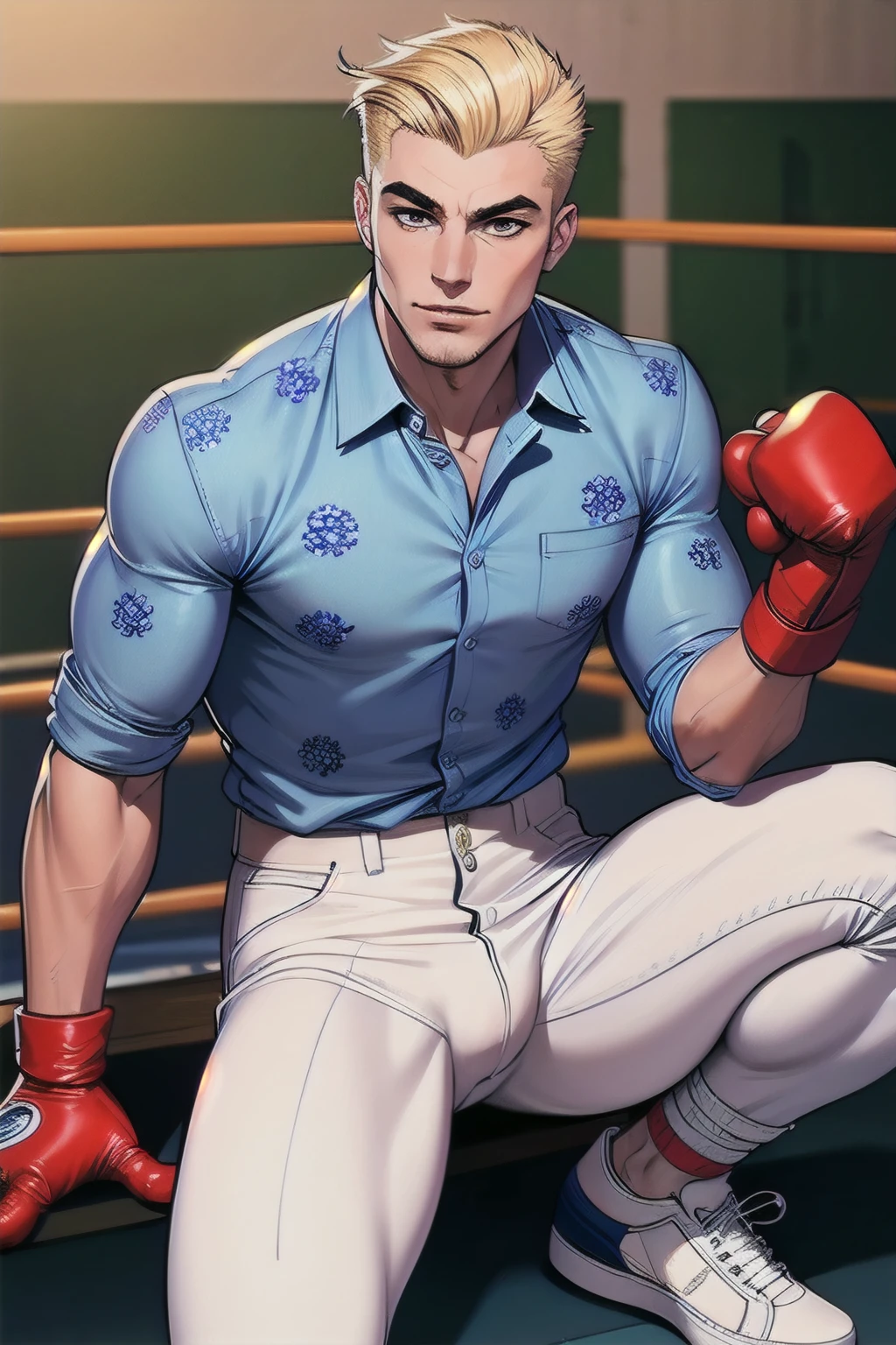 British boxer, slick back blonde hair, smug look, blue floral shirt, white pants with tassels, red spiky gloves, white shoes