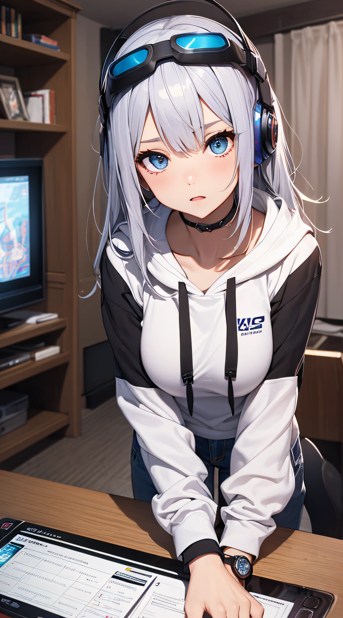 top-quality、Top image quality、masterpiece、s girl((Blue Hoodie、black trousers、18year old、 Ager、Best Bust、big bast,Beautiful light blue eyes, Long silver hair、A slender,Large valleys、Reflecting the whole body、Leaning forward、Attach the VR head、have a VR controller、Frightened face)),hiquality、Beautiful Art、Background with(( Gaming Room)))、masutepiece、depth of fields,