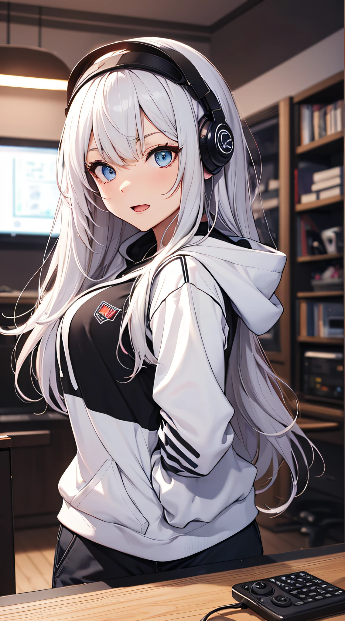 top-quality、Top image quality、masterpiece、teens girl((Blue Hoodie、black trousers、18year old、 Ager、Best Bust、big bast,Beautiful light blue eyes, Long silver hair、A slender,Large valleys、Reflecting the whole body、Leaning forward、Attach the VR head、have a VR controller、Frightened face)),hiquality、Beautiful Art、Background with(( Gaming Room)))、masutepiece、depth of fields,