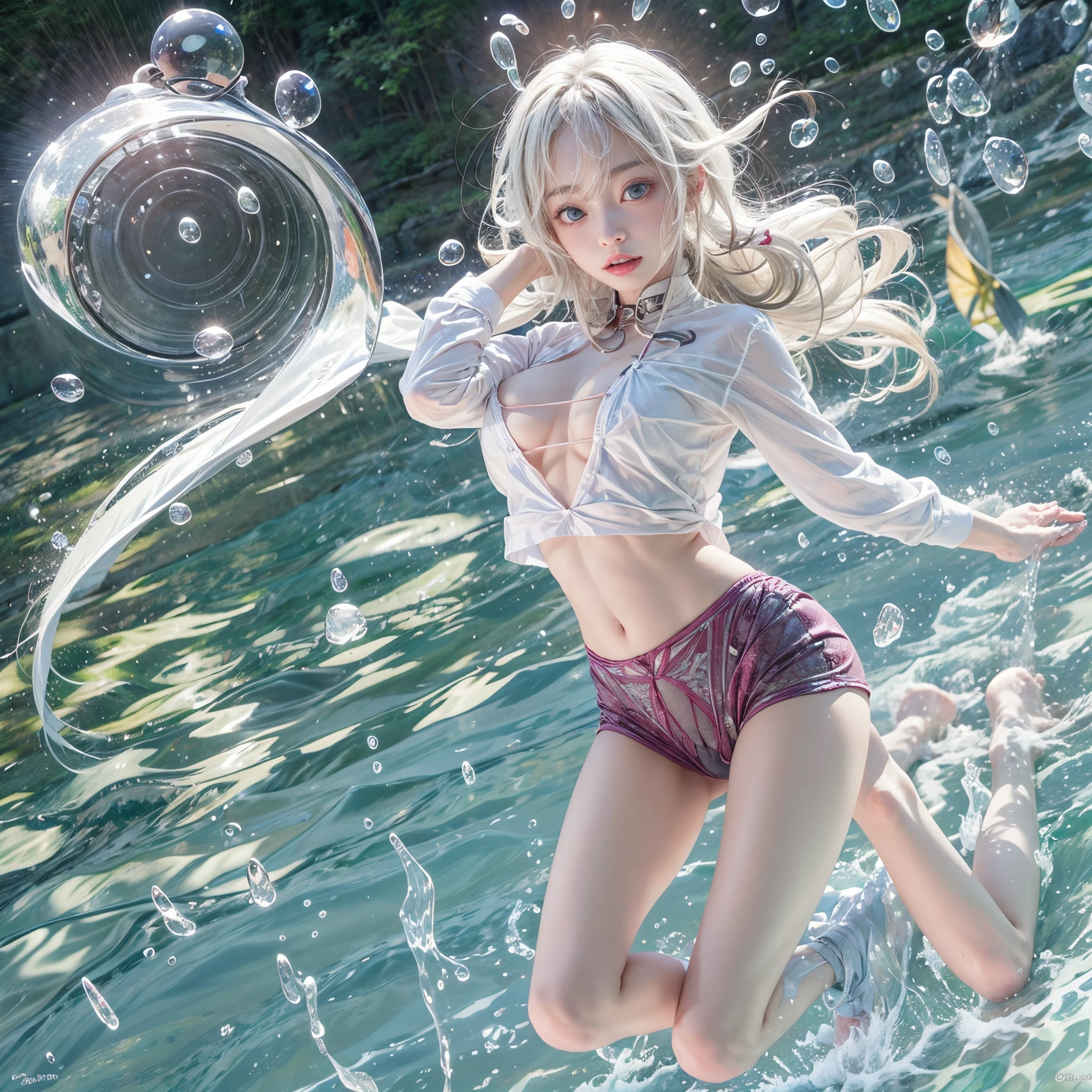 (8K, Original photography, Top image quality, masterpiece: 1.4), hyper HD, (Realistic, 真实感: 1.48), realisticlying, A high resolution, softlighting. Tiny Girls, girl jumping into the water、Falling、splash water、shout、Luminous water surface、White and Vivid colors, under the mesmerizing back lighting, glistening ivory skin, sparkling highlights, Detailed KAWAII face with cute lips, long eyelashes, Delicate clothes, Detailed open crotch, (((Whole Body proportions and all limbs are anatomically accurate))) .