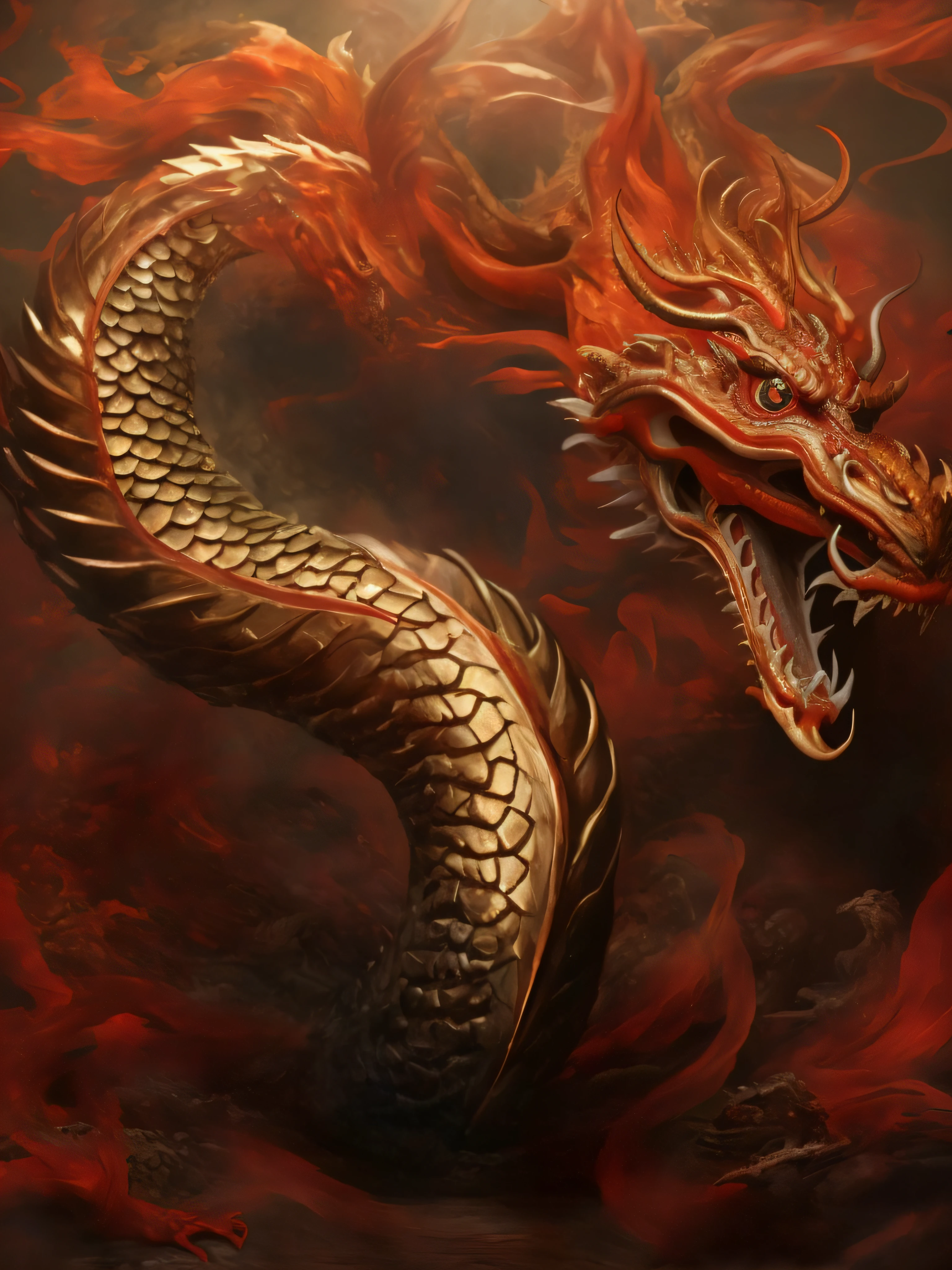 Red tail dragon close-up red tail dragon, chinese dragon concept art, fire flaming dragon serpent, chinesedragon, smooth chinese dragon, red dragon, Dragon as background, Fire Serpent, dragon oil painting, Dragon Art, majestic japanese dragon, fire dragon, a red dragon, Nagatir, Golden Dragon, author:Kan Lee