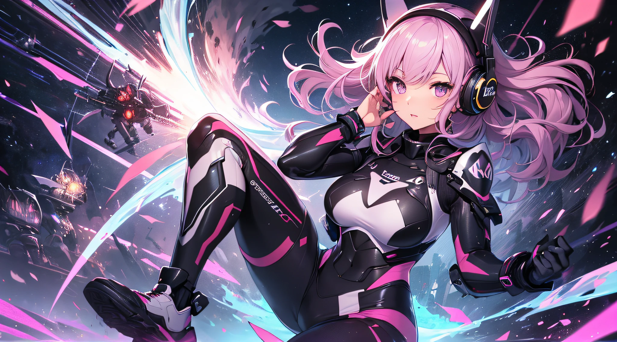 top-quality、Top image quality、​masterpiece、girl with((black mecha suit、Shining gold mech suit、18year old、 Ager、cute little、Best Bust、big bast,Beautifully shining purple eyes open wide, cosmic hair、Longhaire、A slender,big moves in volleyball,headphone pose、Jumping and kicking)),hiquality、Beautiful Art、Background with((A world of shining galaxies)))、Depth((UFO)),masutepiece、depth of fields,Cinematic style