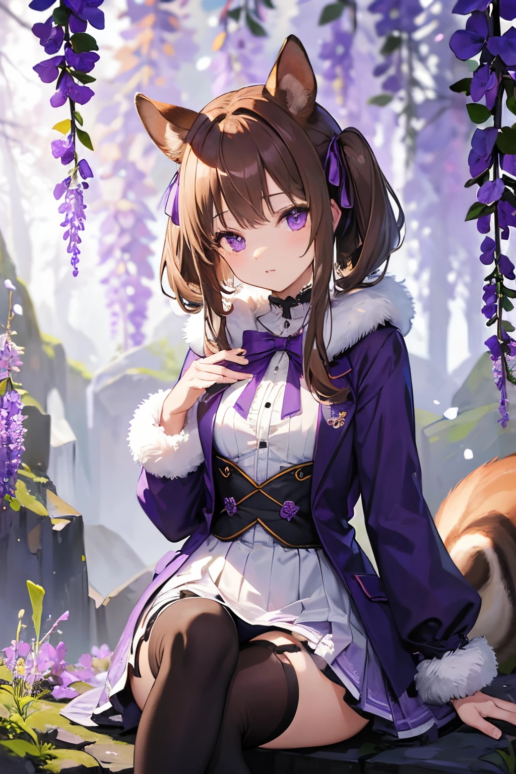 ((Masterpiece)), (High Definition:1.3), (Professional Photography:1.2), 1 , (small breast), iolite eyes, squirrel ears, squirrel tail, pale brown hair, bunches, giggling, parted lips, (fur decorated Jacket:1.1), ribbon, miniskirt, thighhighs, sitting, leaning forward, flagstone, wisteria, sunlight filtering through trees, sharp focus, looking at viewer, cowboy shot, (intricate:1.1), (violet theme:1.1), (violet tone:1.1), (orange tone:0.8), illustration