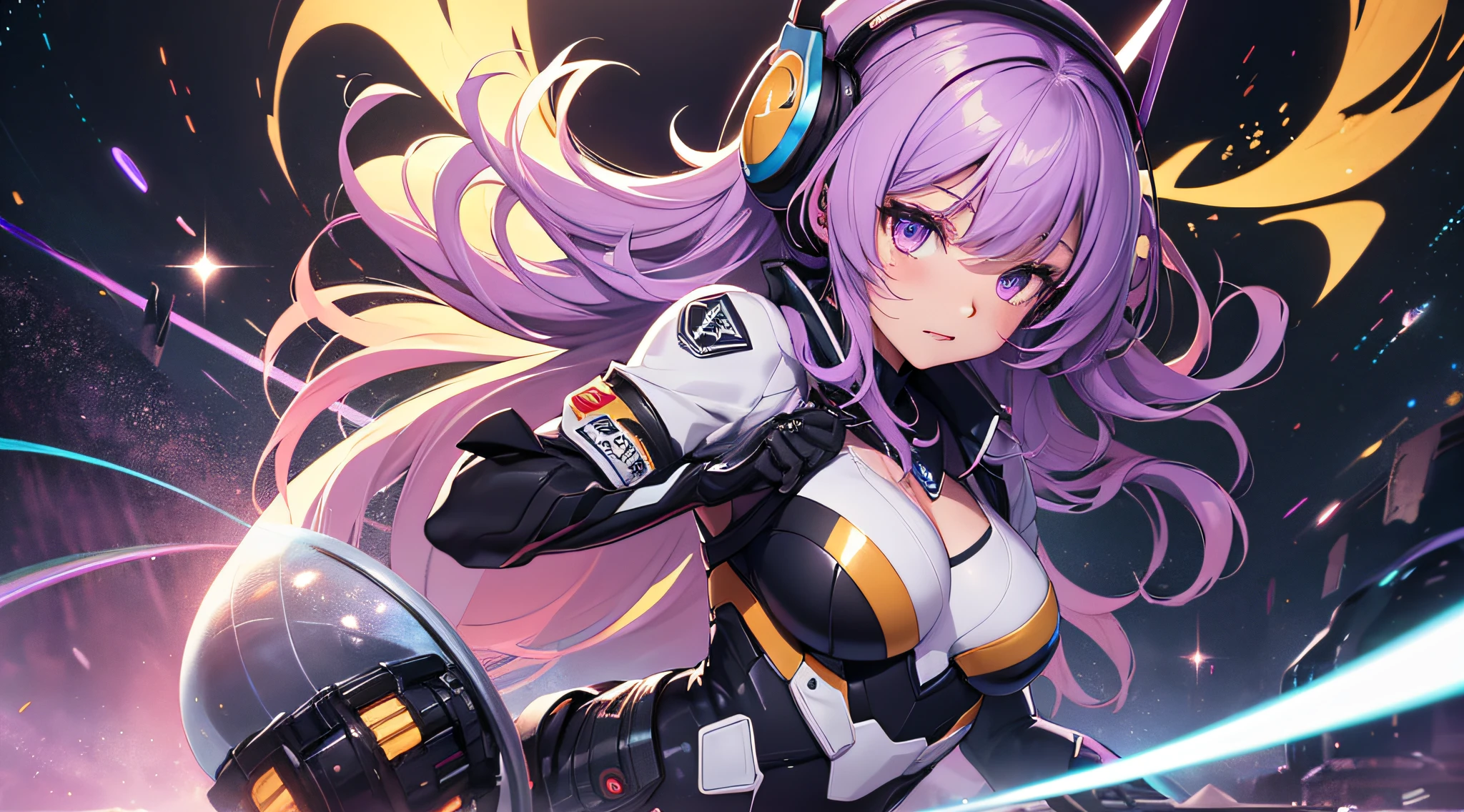 top-quality、Top image quality、masterpiece、girl with((black mecha suit、Shining gold mech suit、18year old、 Ager、cute little、Best Bust、big bast,Beautifully shining purple eyes open wide, cosmic hair、Longhaire、A slender,big moves in volleyball,headphone pose、Jumping and kicking)),hiquality、Beautiful Art、Background with((A world of shining galaxies)))、Depth((UFO)),masutepiece、depth of fields,Cinematic style