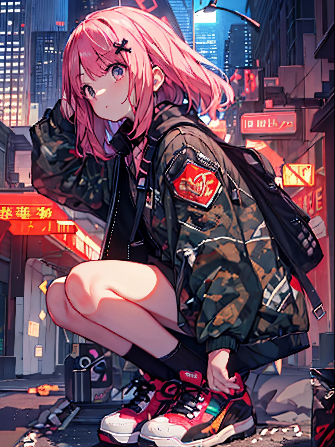 quality//
Imagine high quality, Anime-style illustration.
BREAK character//
Imagine a young woman with pale pink hair decorated with a cross-shaped hair accessory。, sitting in a relaxed pose. She wore a camouflage jacket with various patches, black top underneath, I&#39;m wearing bright orange sneakers. Her expression exudes calmness and concentration., Her gaze seems to match the viewer&#39;s..
break
background//
Against the background of the cityscape at dusk. Skyscrapers rise above the busy streets、neon sign flickers, Long shadows and warm light envelop buildings and characters in a realistic yet vibrant atmosphere.。.