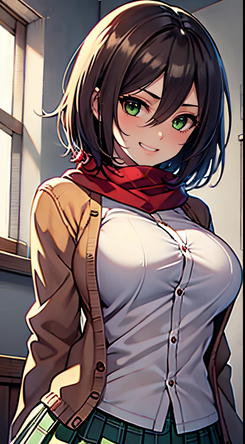 masuter piece, Best Quality, 超A high resolution, top-quality, Anime style, The best lighting, Beautiful face, Shirt unbuttoned, Erotica, styles, 1girl in, A dark-haired, breastsout, green colored eyes, Hair between the eyes, look at viewr, red scarf, scarf, Short Hair Hair, 独奏, white  shirt, ((tmasterpiece)), top-quality, A light, look at viewr, ssmile, grin, laught, Best Quality, (White Y-shirt:1.), (Checked pleated skirt:1.3), (Brown cardigan:1.3), (Red muffler:1.3), cowboy  shot, school  background