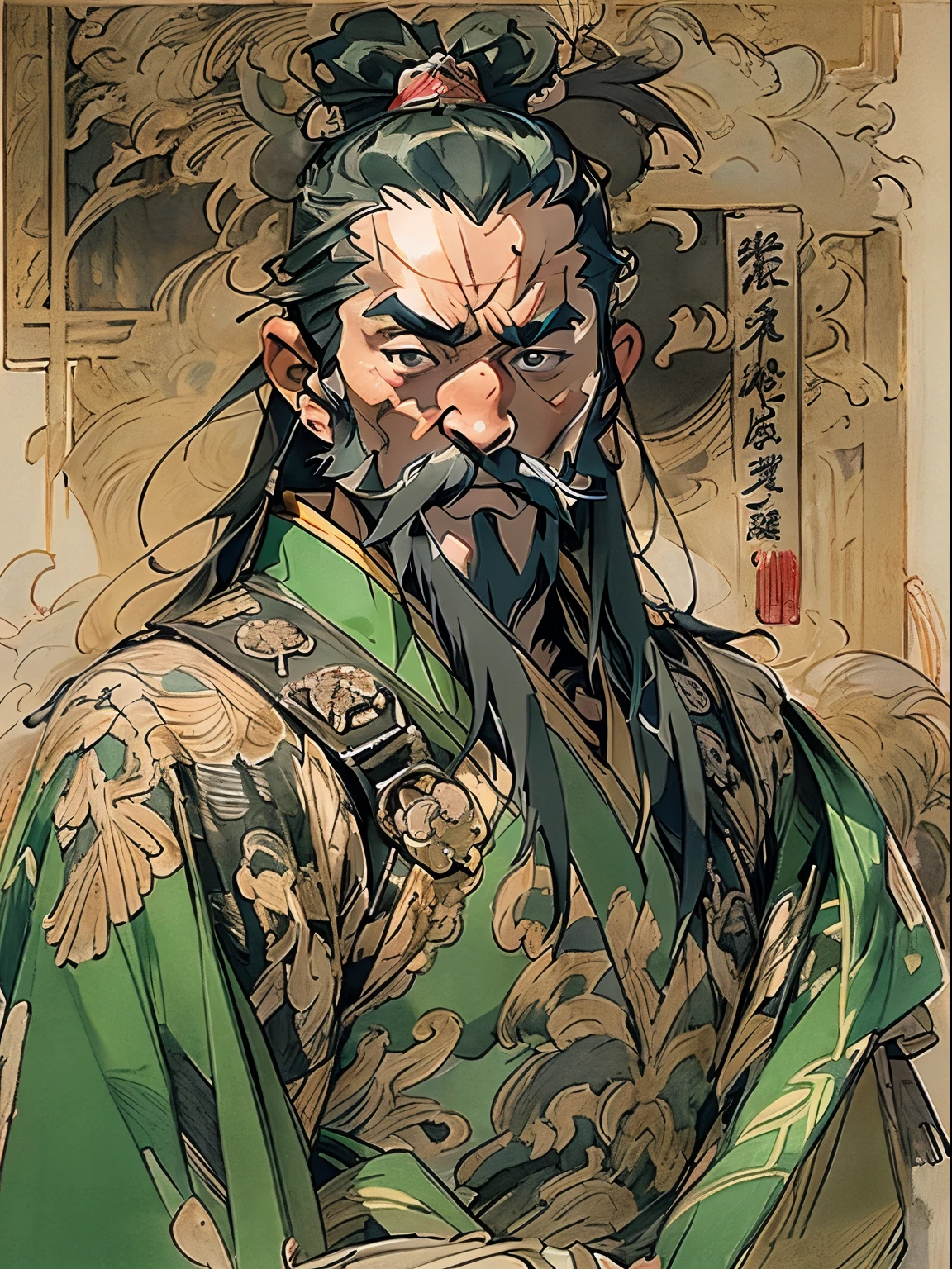 (((China-style，Ink painting method，Half-length portrait，Intense color，Han dynasty, China，Hanfu，Armor，Guan yu，Guan Yunchang，of a guy，Ruddy killing square face，Hold it with your right hand(Close the knife)Qinglong Weir Moon Knife，Stroke your beard with your left hand，Long hair，petty eyes，Green robe))), (((best qualityer))), (((tmasterpiece))), (((AS-))), ((( Japanese ))), Look up from your knees, Handsome Asian samurai，perfect body figure, Modern samurai, ((( Asian))), Wear gloves on your hands，The left arm  made of steel and metal tipade of protective devices, The eyes are pulled, (( Appears below the chest )), (( Small dental floss )), Simon Bisley, Almost naked（Simon Bisley）Castle City Wildernesor high-resolution posters, hair straight, Minimum clothing, armure (Crazy clotheull of tips and rivets, tribal tattooull bodyesbian))), Straight brunette hair，Colored hair ends