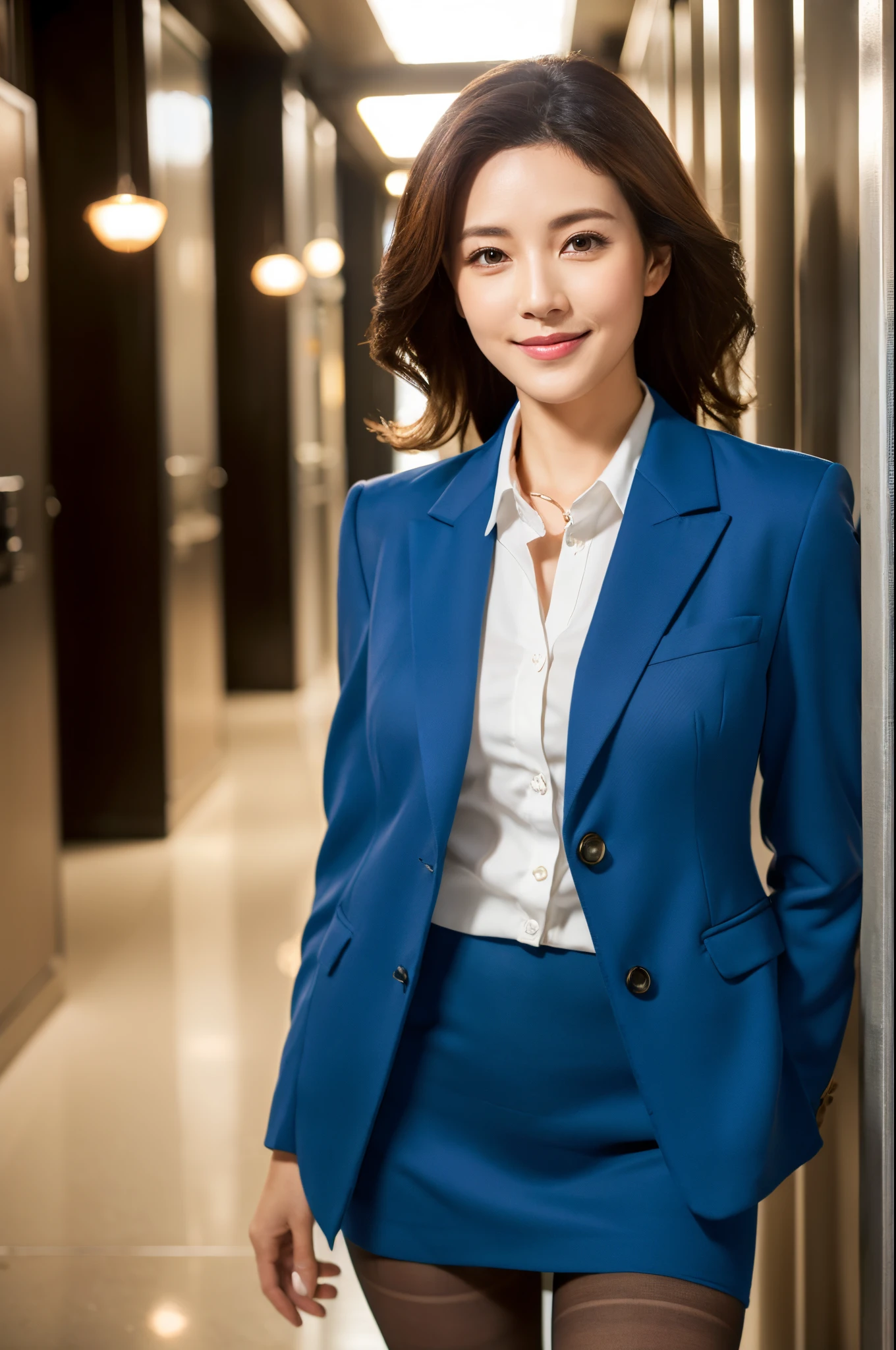 ulzzang -6500-v1.1, (Raw photo:1.2), (Photorealsitic), Beautiful detailed, Famous popular actresses、 (Real: 1.4), extremely detailed eye and face, beatiful detailed eyes, ((Late Night Office:1.2)), ((Women's Suits:1.3, Ultra-realistic pantyhose:1.2))、selfee、Instagram、game_nffsw, Walking along the corridor、huge filesize, hight resolution, ighly detailed, top-quality, [​masterpiece:1.6], illustratio, ighly detailed, nffsw, finely detail, top-quality, 8k wallpaper, Cinematographic lighting, 1 milf, 42 year old, perfect body type, Beautiful big drooping eyes、Pieckfinger, ((masutepiece)), Best Quality, 1 milf, eye shadow,  high-heels、Portrait, ((FULL BODYSHOT:1.4))、(Very affectionate smile:1.2)、realistic skin textures、shinny skin、turned around、Exposed thighs!!!