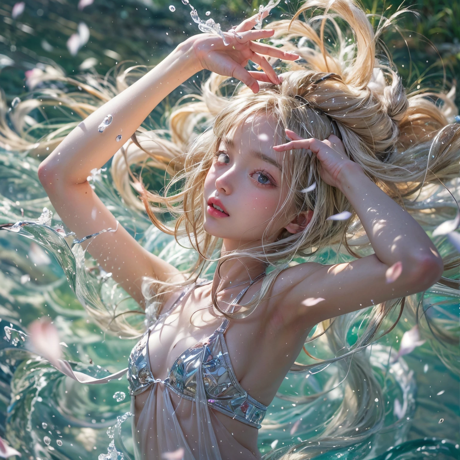 (8K, Original photography, Top image quality, masterpiece: 1.28), hyper HD, (Realistic, 真实感: 1.38), realisticlying, A high resolution, softlighting. Tiny Girls, girl jumping into the water、Falling、splash water、shout、Luminous water surface、White and Vivid colors, (under the mesmerizing back lighting), glistening ivory skin, sparkling highlights, Detailed KAWAII face with cute lips, long eyelashes, Delicate clothes, Detailed open crotch, (((Whole Body proportions and all limbs are anatomically accurate))) .