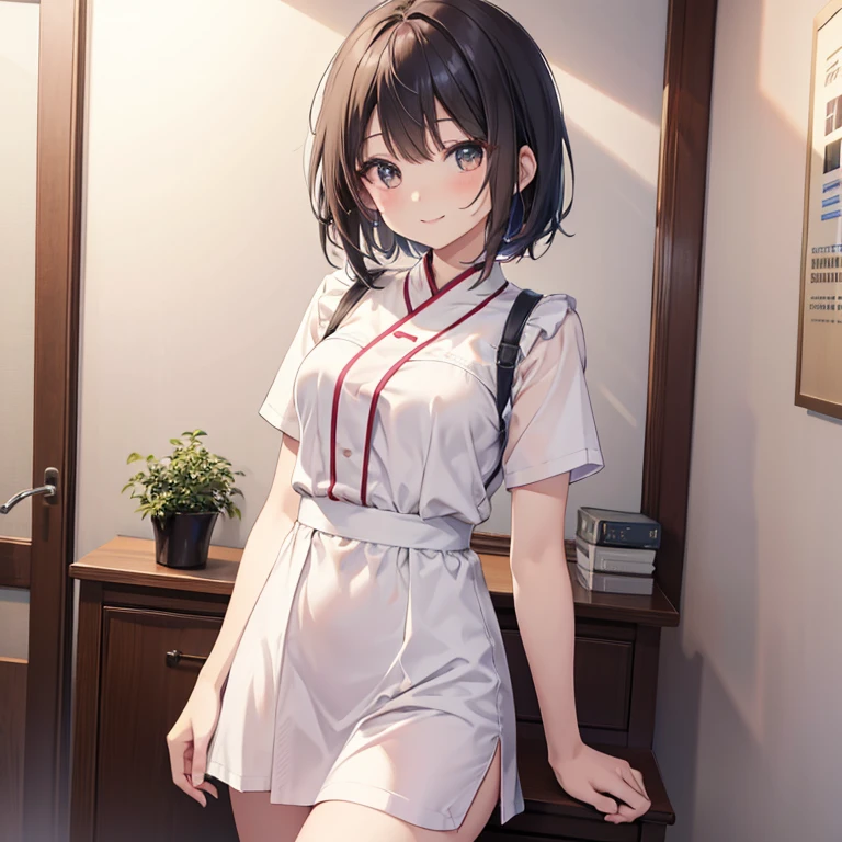 asian female 小柄 Wearing a white short-sleeved dress breasts are small bob Nice smile Being in the room
