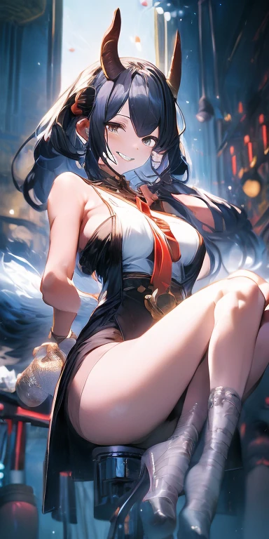 ((Masterpiece,Best Quality)), absurdress, Mehira_AFC, 独奏, Smiling, looking a viewer, cinematic composition, two-footed footjob, COCK BETWEEN FEET, STOCKING