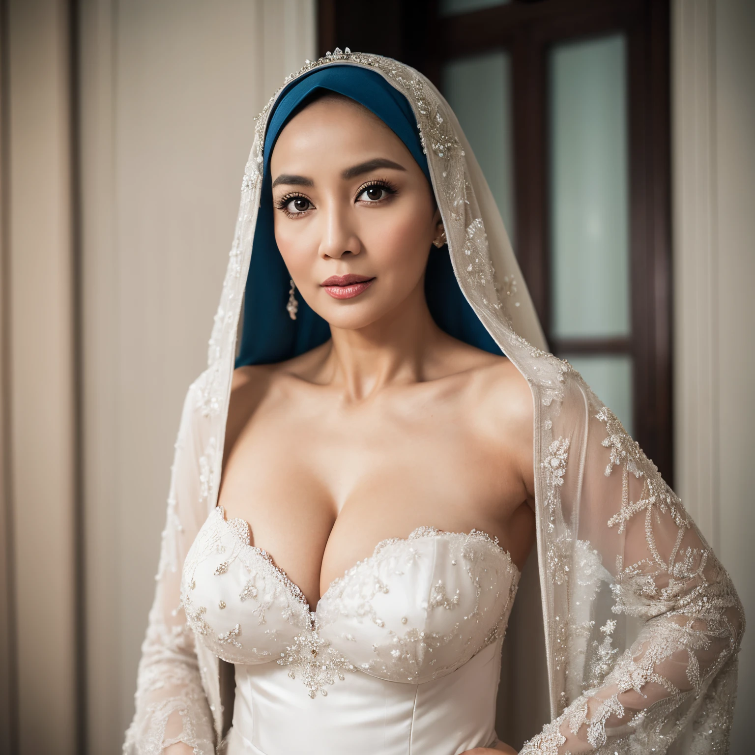 58-Years-Old,Female Doctor, Hijab Indonesian Mature Woman, Wearing Wedding Gown, Tight Gown, Realistic Ultra Droopiest Gigantic Breast : 18.9, Breast About to Burst out, PP cup Breast, Seductive Look, full body shot, depth of field, best quality photo, 2048 p, 64K HDR,Nikon D7000