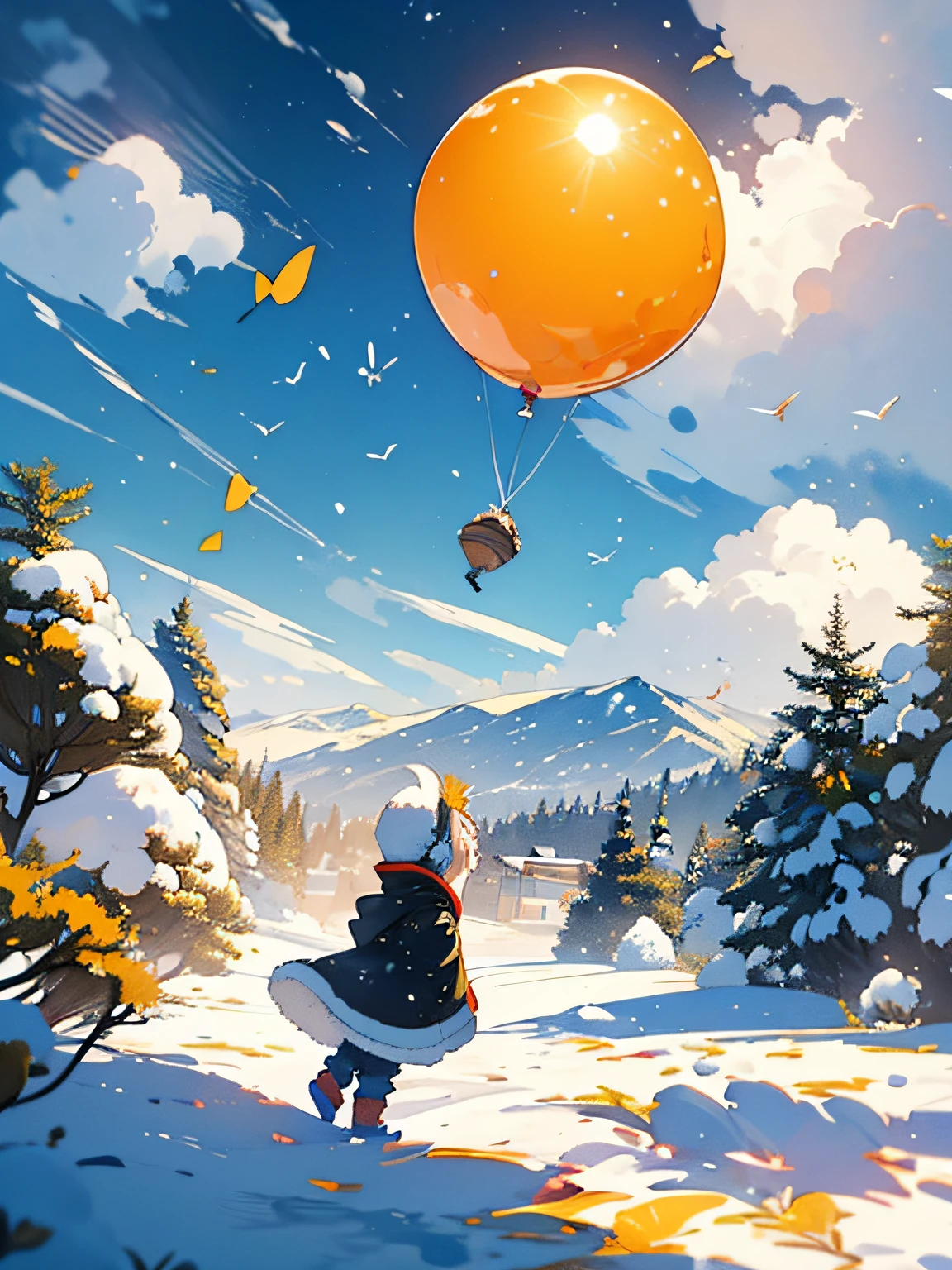 ballon jaune avec visage souriant volant seul; painting'encre de paysage chinois perspective grand angle, Petit arbre, Neige brillante, Soleil, 4K, Many details, enfants jouant au loin, froid, hiver, highly detailed, super quality, Image professionnelle,