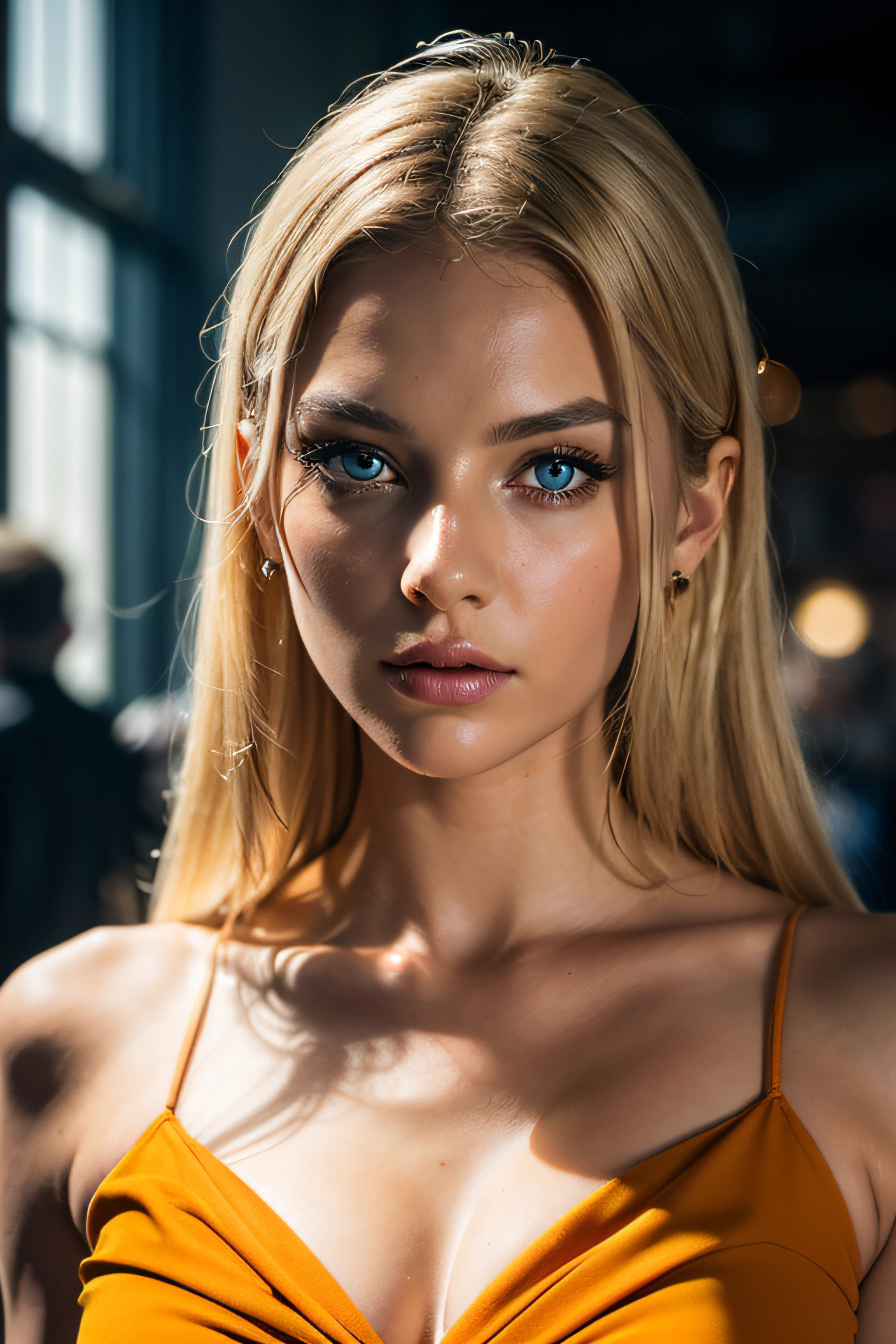 masterpiece, Best Quality, Photorealistic, Ultra-detailed, finely detail, high resolution, 8k wallpaper, RAW color photo, Professional, high level of detail, Beautiful blonde woman, (detailed blue eyes nítido, award winning photo, ((Facing the front)), ((Look at viewers)), Small light, Low contrast, Facial symmetry, depth of fields, Cinematic background, central image, Lights up softly, (finely detailed skin), pale skin, Realistic skin texture, Extreme skin details, (pores: 0.1), Yellow-orange dress, small bust with good shape, , slim figure, Hourglass body shape
