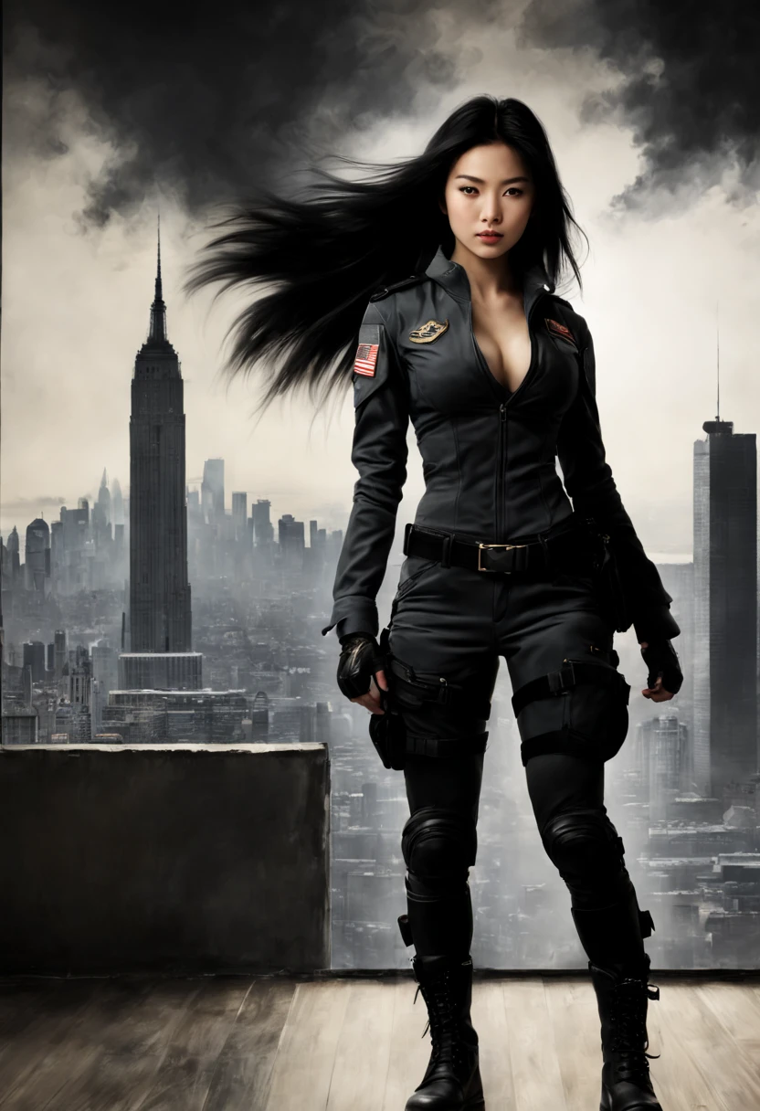 mj, RTX, 4k, HDR, Anna Razumovskaya, Casey Baugh, Antonio Mora, Aminola Rezai, Giovanni Boldini, art, realistic art.attractia tall twenty six year old asian beauty with silky black hair, athletic build she is dressed in her military gear practicing in her state of the combat dojo which is on the twentieth floor looking our over the city, penthouse playmate atmosphere, charcoal illustrations.
