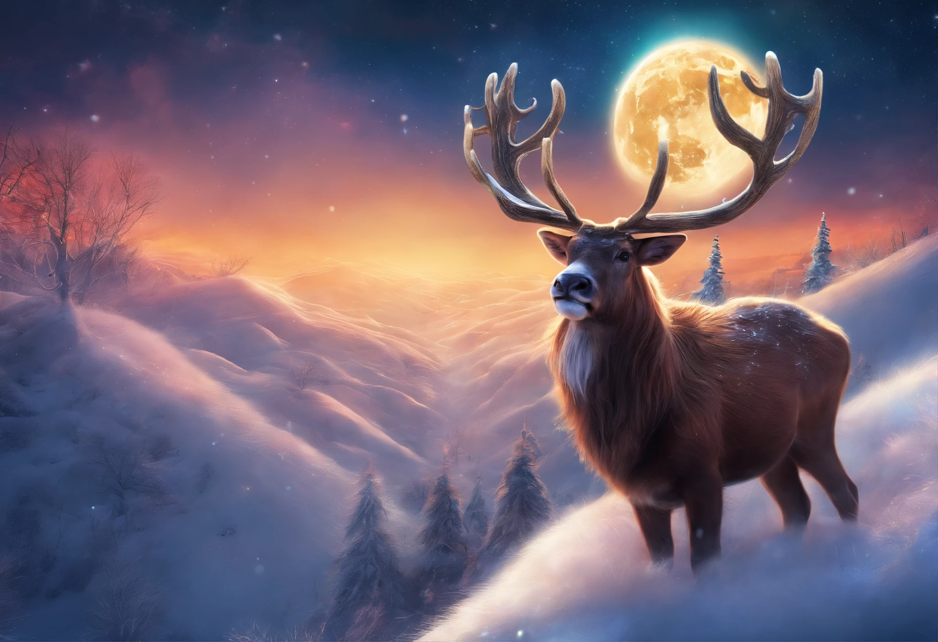 Santa Claus flies through the sky with his reindeer,Huge moon background,depth of fields,artwork of a,ultra - detailed,4K分辨率,high high quality,电影灯光,High picture detail,Detailed pubic hair,Epic graphics