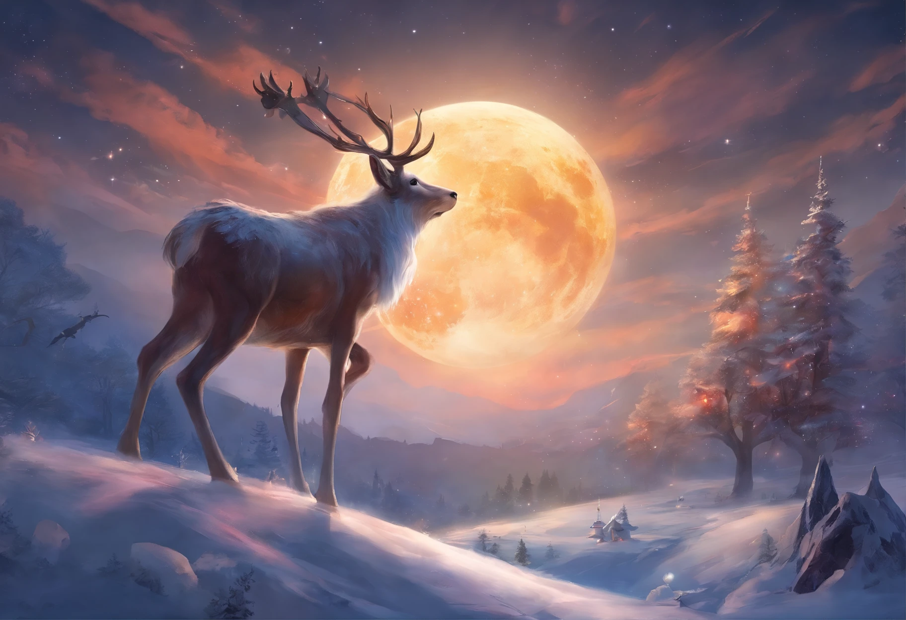 Santa Claus flies through the sky with his reindeer,Huge moon background,depth of fields,artwork of a,ultra - detailed,4K分辨率,high high quality,电影灯光,High picture detail,Detailed pubic hair,Epic graphics