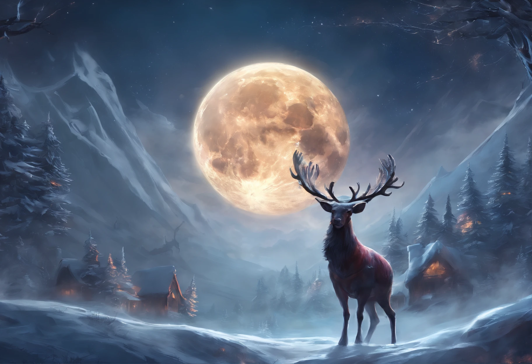 Santa Claus flies through the sky with his reindeer,Huge moon background,depth of fields,artwork of a,ultra - detailed,4K分辨率,high high quality,电影灯光,High picture detail,Detailed pubic hair,Epic graphics