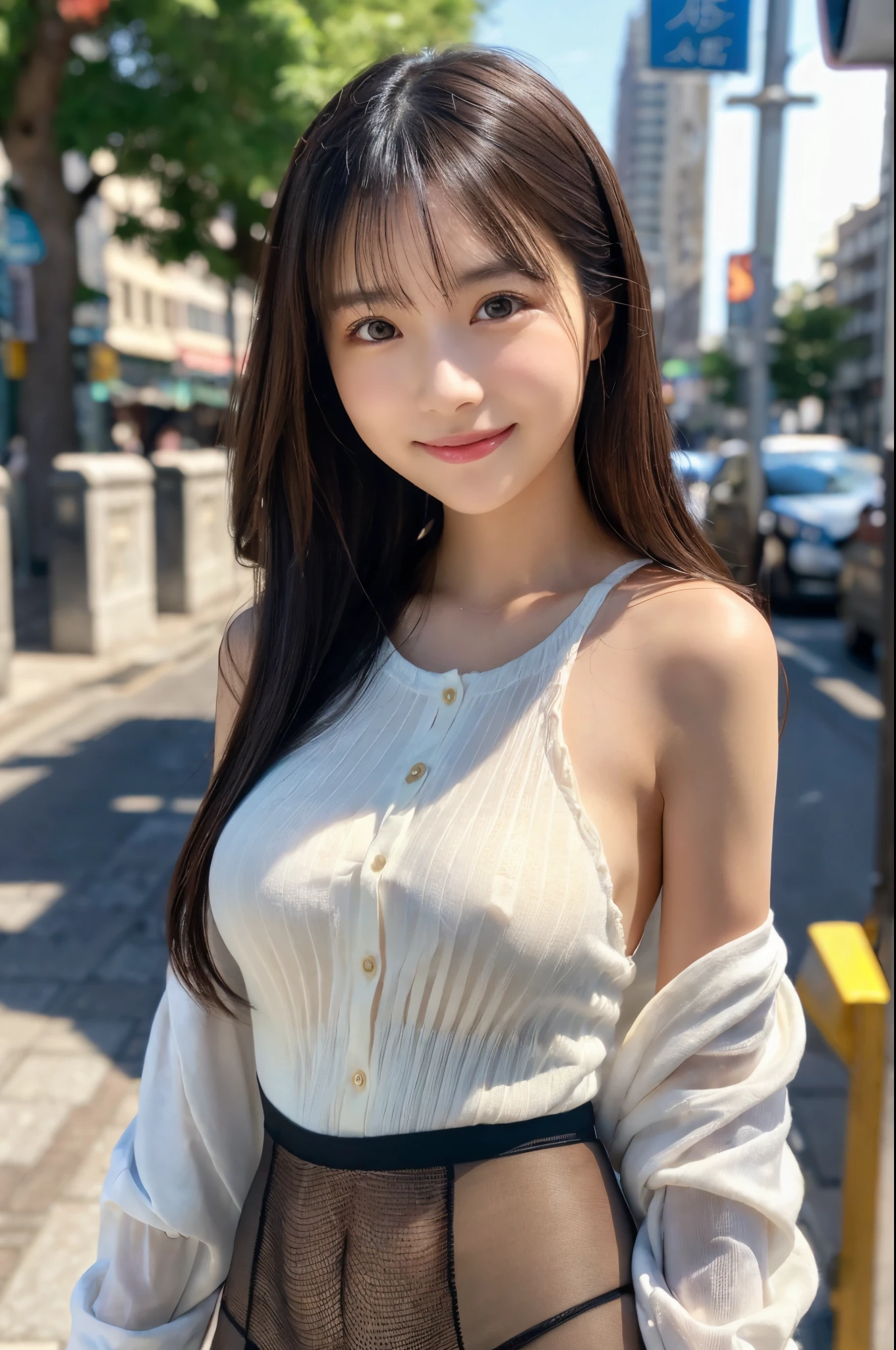 ulzzang -6500-v1.1, (Raw photo:1.2), (Photorealsitic), a beautiful detailed girl, (Real:1.4), extremely detailed eye and face, ((ladies street fashion:1.3, Ultra-realistic pantyhose:1.2))、On the sidewalks of the city、selfee, Instagram、game_nffsw, huge filesize, hight resolution, ighly detailed, top-quality, [​masterpiece:1.6], illustratio, ighly detailed, nffsw, finely detail, top-quality, 8k wallpaper, Cinematographic lighting, 1girl in, , perfect body type, cute droopy eyes beautiful big eyes、Pieckfinger, ((masutepiece)), Best Quality, eye shadow,  Portrait, ((FULL BODYSHOT:1.4))、(Very affectionate smile:1.2)、realistic skin textures、shinny skin、Exposed thighs!!!