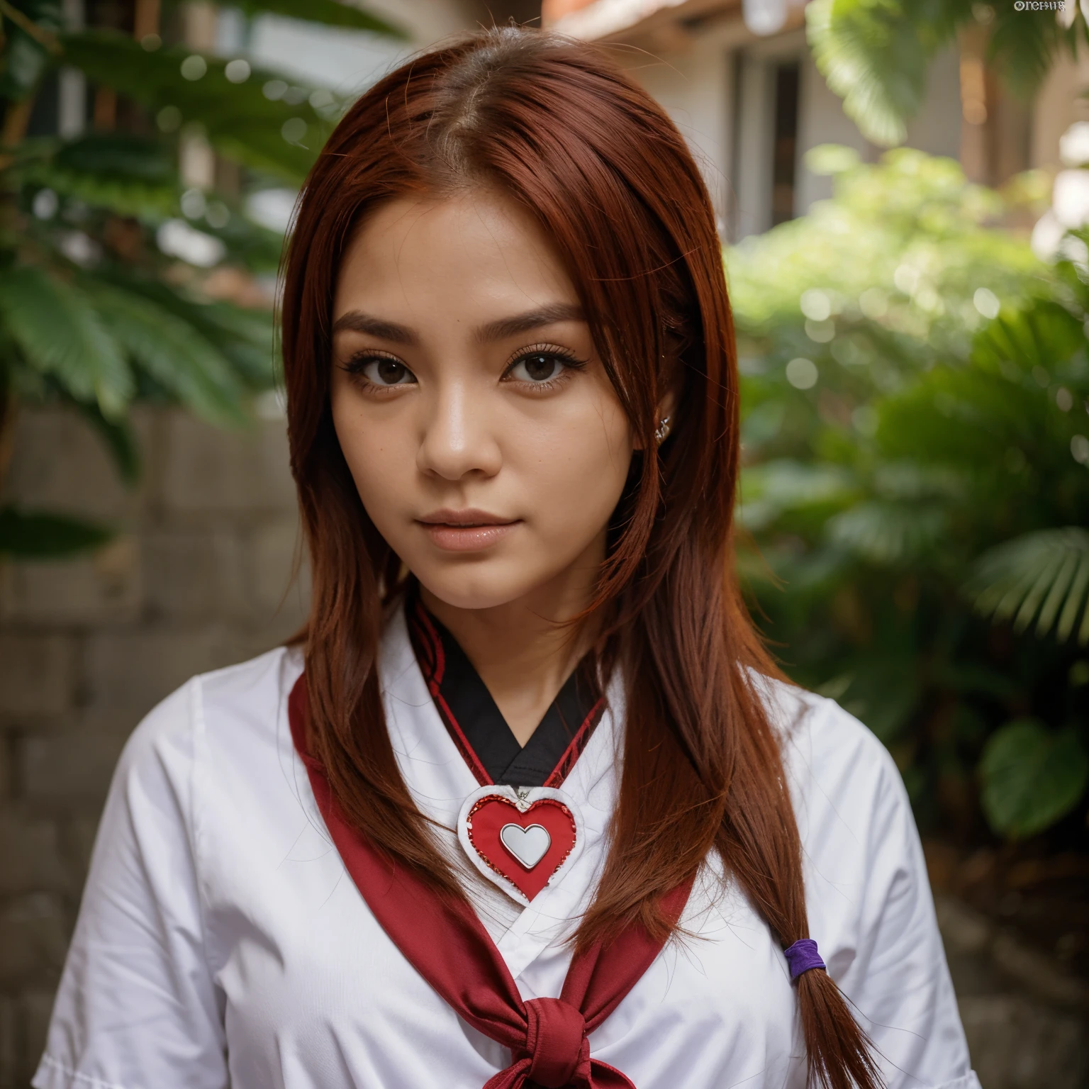 Ichigestyle, 1girl, sozinho, red hair, Heart, Uniforme Nike, cabelo solto, sorrir, Olhando para o Viewer, parte superior do corpo sensual ,Serafuku, colar de marinheiro preto, franja, olhos castanhos, boca fechada, cabelos longos, olhos castanhos, Neckerchief roxo, Fundo listrado, 鎖骨, listrado, bolinhas