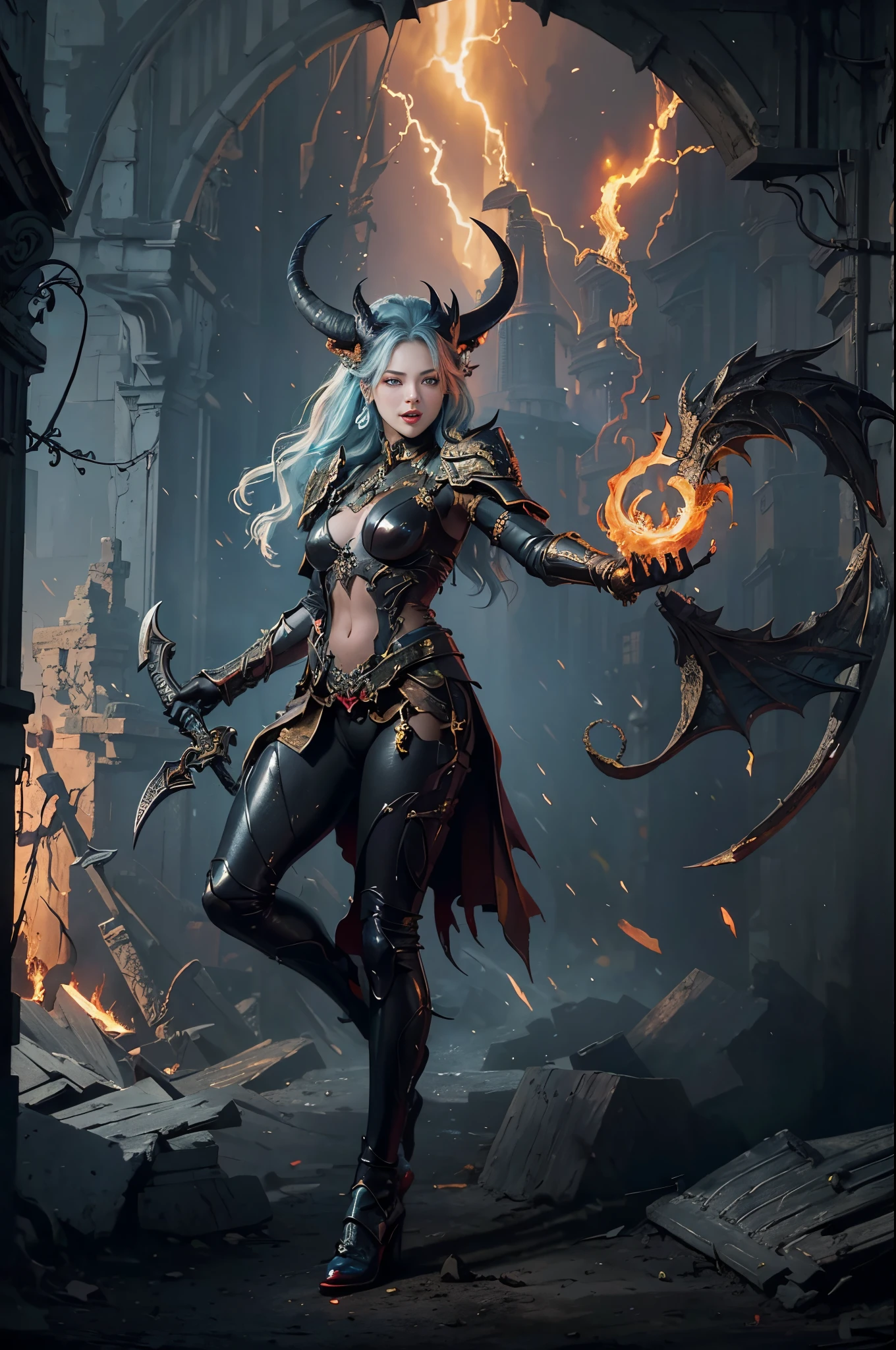 Oni woman, black horns, sexy, transparent breast, transparent clothes, athletic, skinny, fit, red skin, bones, black eyes, eyeball tattoo, nordic tattoos, full body photo, artistic pose, very angry face, long fangs, silk, diamond face, demon tail, neo noir, tentacles on back, wings demon, dragon scales, , strong shadows, yellow light, blue flames, bloodborne, detailed face, open mouth, sparks, fibred muscles, spores, bald head, big legs, crocodile coat, dragon head cap, hands hair, gargolyes background, hell, jail, night, sturdy, detailed abs, dark nipples, bloody face, bloody fangs, bloody mouth, hurts, scars, shinying eyes, transparent underwear, war pose, spread legs, knee, white underwear, lether gloves, long claws, bloody claws, without pants, no underwear, wet underwear, slim breast, slim tanga transparent, grab crystal daga, bdsm style, whipm long tongue, sneake tongue, tongue out, blood tears, transparent sexy underwear, showing pubic hair, perfect vaginal shape, (masterpiece), perfect, direct light, underlight, long nails, claws, trenzas, sharp, knife, mechas, injuries, bulge, crown, pendants, piercing, nipple piercing, grey hair, short hair, ground pose, sitting, detalied vagina, fiber muscles, strong jaw, vitiligo skin, golden sky, smal boobs, tiny boobs, tiny breast, 18 years old, ahegao, cat tail, cat ears, cat eyes, sneake tongue, sneake eyes, viperine, scowling, golden clothes, golden chains, golden details. small chest, samall tits, small body, skinny, black skull, bones, fox head, haired animals, looking back, ass spread, silver gloves , boner, tomboy