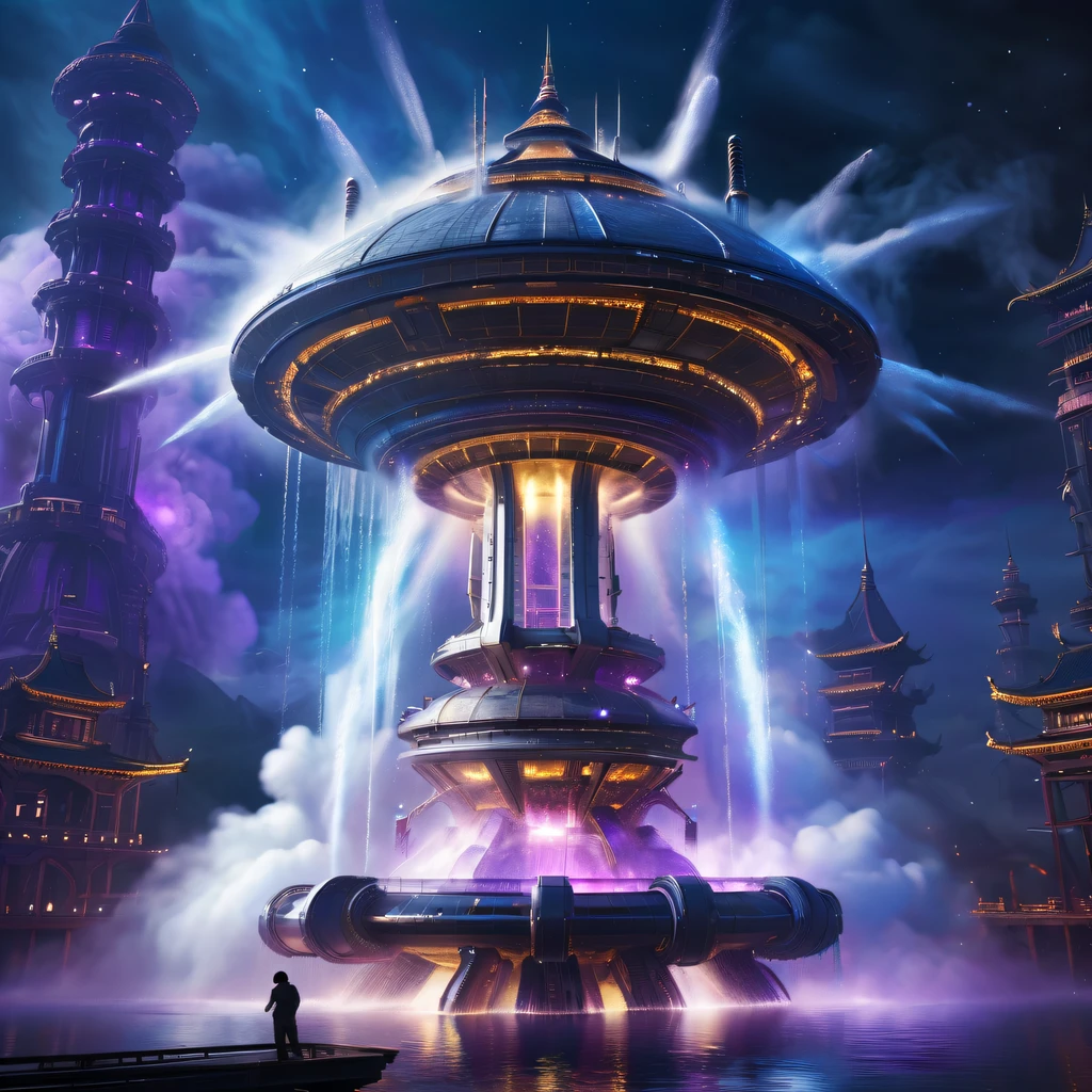 Spectacular futuristic sci-fi night spaceship erupting from steam engine，sparkling silver water column.There  a Chinese golden dragon spraying water in this water column，Emit purple energy，and emits a slight blue light，Make the entire spacecraft look mysterious and high-tech。 The shape of the water column in the spaceship  also very futuristic.........