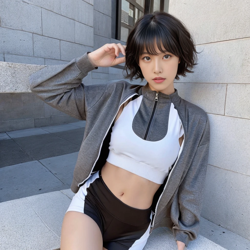 Black Short Hair,Messy Hair,Wolf cut,Asian Eyes,BeatifulFace,Diamond Face Style,Aesthetic full lips,Brown color Eyes,Aesthetic Nose,Good Body,Full Body,Nike Sport Model Suit,Good Day