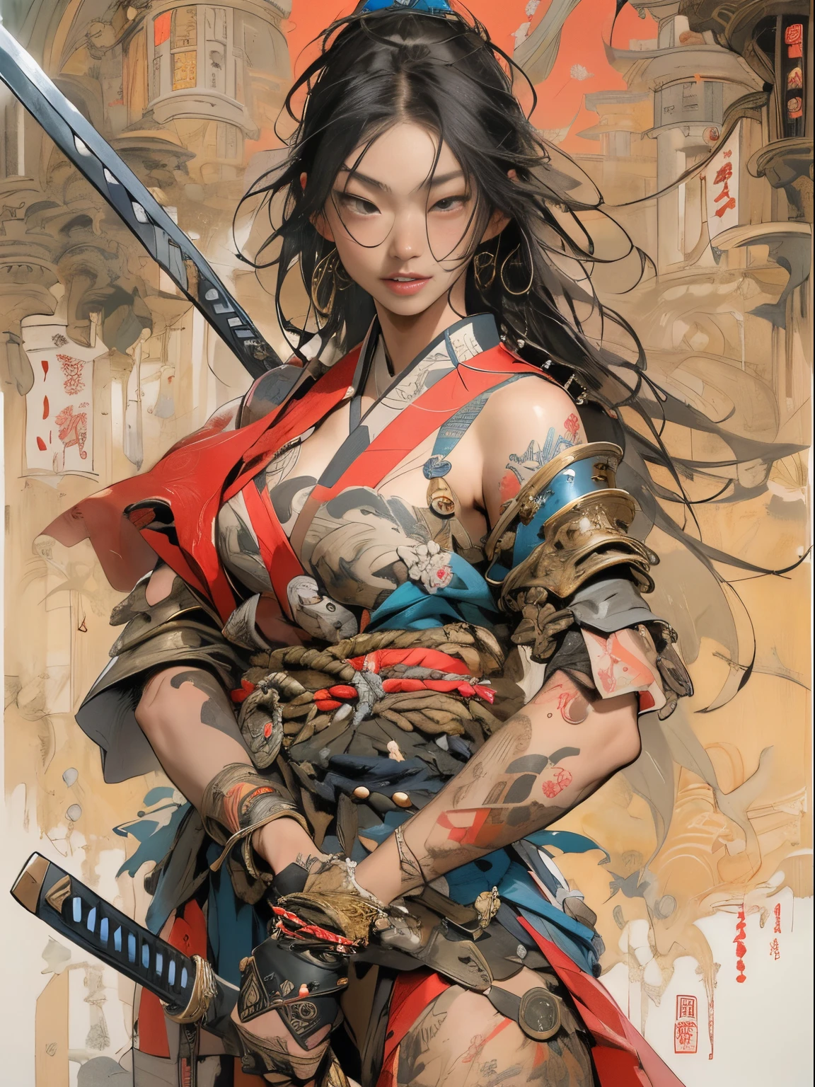 (((woman))), (((best qualityer))), (((tmasterpiece))), (((AS-))), ((( Japanese ))), Look up from your knees, A beautiful asian samurai woman with perfect body, Modern samurai, ((( Asian))), Wear gloves on your hands,The left arm made of steel and metal tipade of protective devices, The eyes are pulled, (( Appears below the breast )), (( Small dental floss )), Simon Bisley, Almost naked(Simon Bisley)Castle City Wildernesor high-resolution posters, hair straight, Minimum clothing, armure (Crazy clotheull of tips and rivets, tribal tattooull bodyesbian))), Straight brunette hair,Colored hair ends