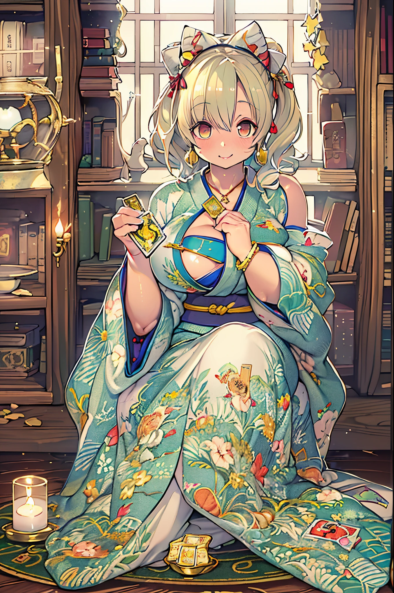 masutepiece, Best Quality, (((Solo Janet))), (((Platinum Blonde Hair))), Long braided ponytail, (((wide hips))), (((light blue eyelid lips, Seductive smile, cleavage, Sit on a wooden throne, (((bookcase, candles))) Sunset, Blushing, , "Beautiful mature face" , age30 , A MILF , ((Open kimono with a fine gold pattern)), Bare shoulder, ((Sexual innuendo)), Perfect beautiful eyes, Detailed eyes. thick ripped tits)), (thick thighs), top down, Looking down, (((Shiny skin))), (((chubby))), (((Crystal ball)), Necklace, Bracelets, hoop earrings, (((European face))), ((花魁)), Japanese dress, boobplate, Obi, Convoluted, eye shadow, with floral pattern, Hairpin, make - up, sarashi, ((kiseru)), Kanzashi, ((mascara)), (((Tarot cards on the floor)))