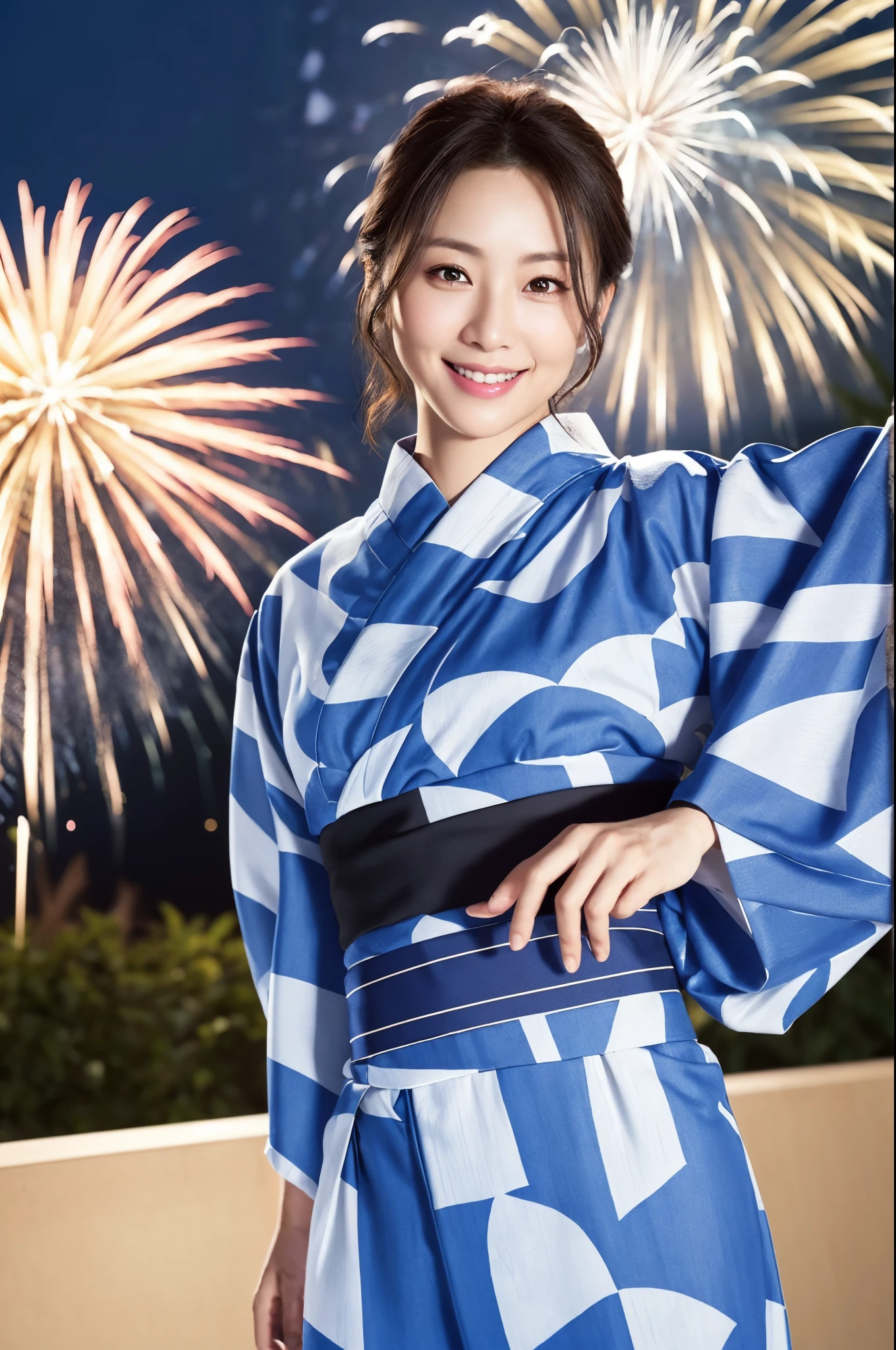 ulzzang -6500-v1.1, (Raw photo:1.2), (Photorealsitic), Beautiful detailed, (Real: 1.4), extremely detailed eye and face, ((Special Airoral Yukata:1.3))、((Fireworks in the background:1.2)), selfee, Instagram、game_nffsw, huge filesize, hight resolution, ighly detailed, top-quality, [​masterpiece:1.6], illustratio, ighly detailed, nffsw, finely detail, top-quality, 8k wallpaper, Cinematographic lighting, 1 milf, 42 year old, perfect body type, cute droopy eyes beautiful big eyes、Pieckfinger, ((masutepiece)), Best Quality, eye shadow, Portrait, ((FULL BODYSHOT:1.4))、(Very affectionate smile:1.2)、realistic skin textures、shinny skin、